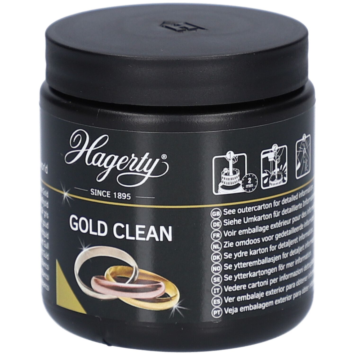 Boîte noire avec couvercle. Inscription "Hagerty GOLD CLEAN". Illustration d'anneaux. Texte multilingue.