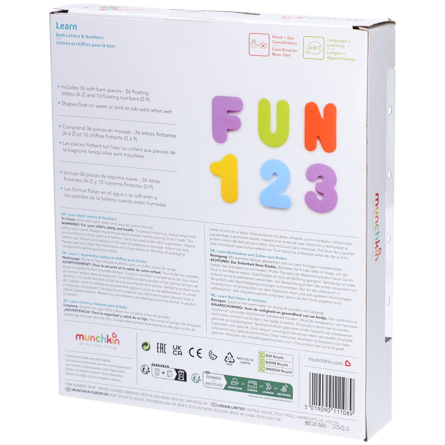 Dos de la boîte avec texte et illustrations. Contient 36 pièces. Marque : munchkin. Contient des lettres et des chiffres.