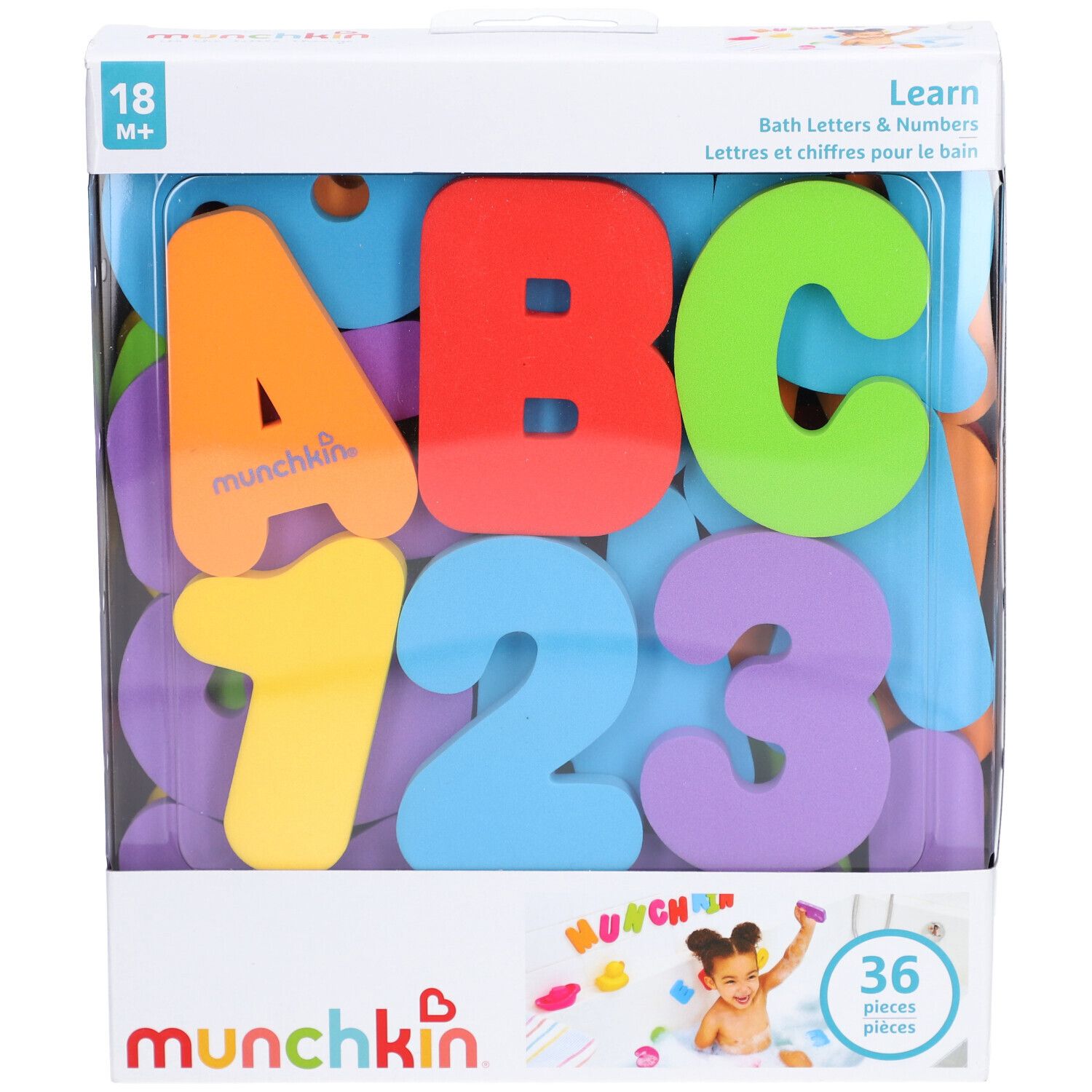 Boîte avec lettres et chiffres. Contient 36 pièces. Marque : munchkin. Lettres : A, B, C. Chiffres : 1, 2, 3. Âge recommandé : 18M+.