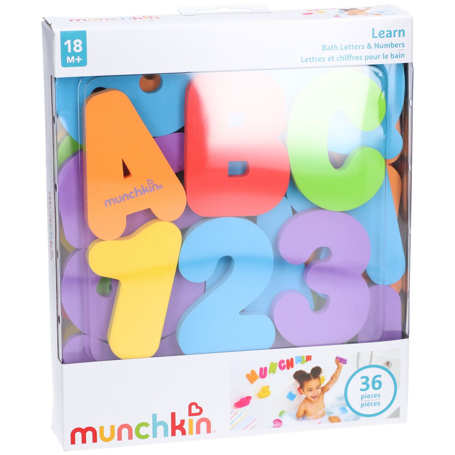 Boîte avec lettres et chiffres. Contient 36 pièces. Marque : munchkin. Lettres : A, B, C. Chiffres : 1, 2, 3. Âge recommandé : 18M+.