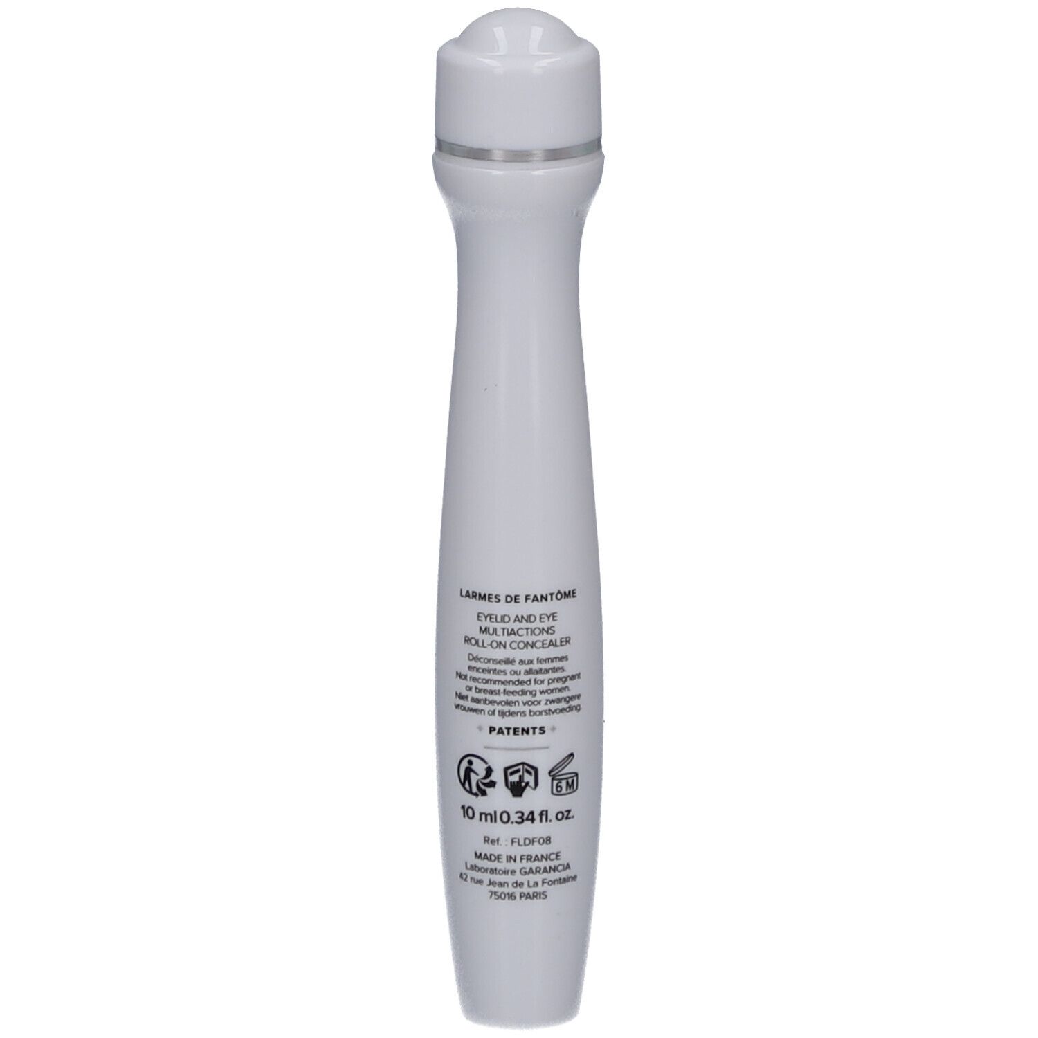 Roll-on blanc pour le contour des yeux. Inscription: LARMES de FANTÔME, 10 ml, MADE IN FRANCE.