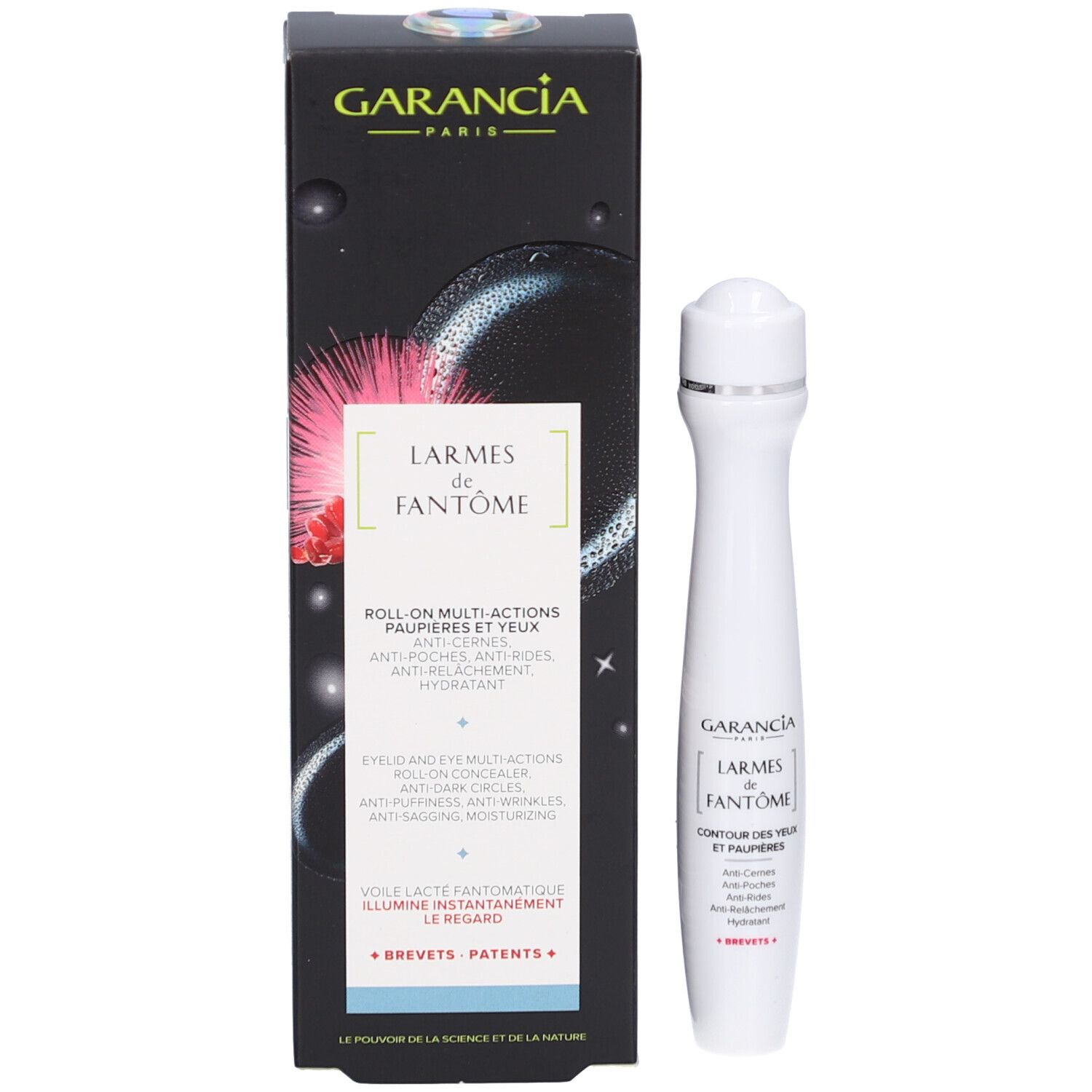 Emballage et roll-on pour le contour des yeux. Inscription: GARANCIA, LARMES de FANTÔME, ROLL-ON MULTI-ACTIONS.