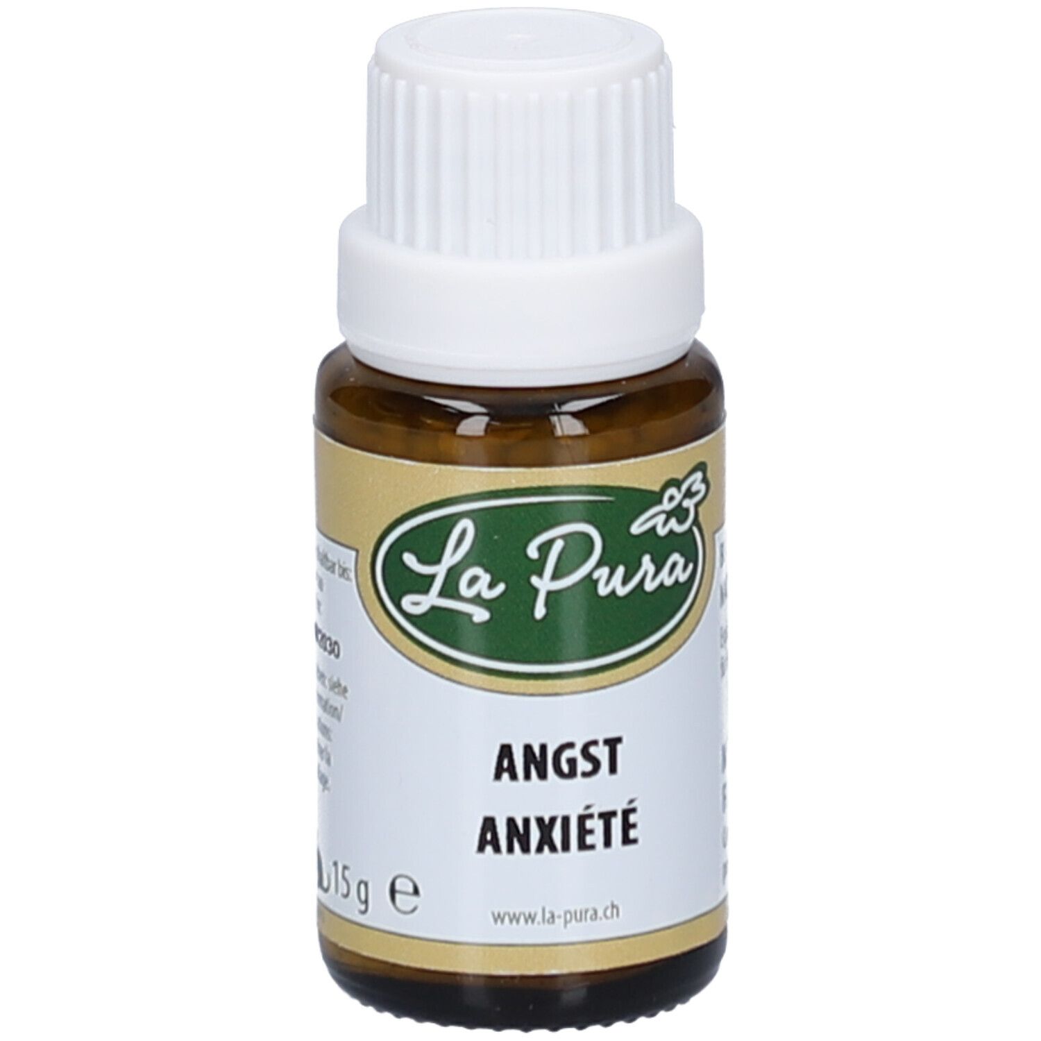 Flacon en verre brun avec bouchon blanc. Étiquette avec logo "La Pura", "Angst", "Anxiété" et 15g.