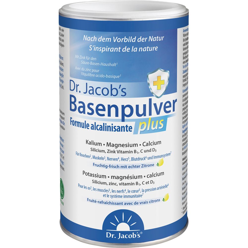 Boîte de Dr. Jacob's Basenpulver plus. Emballage bleu et blanc. Texte : Basenpulver, Formule alcalinisante plus.