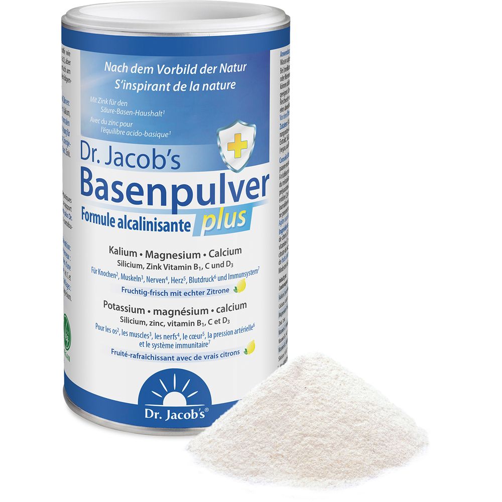 Boîte de Dr. Jacob's Basenpulver plus et poudre à côté. Emballage bleu et blanc. Texte : Basenpulver, Formule alcalinisante plus.