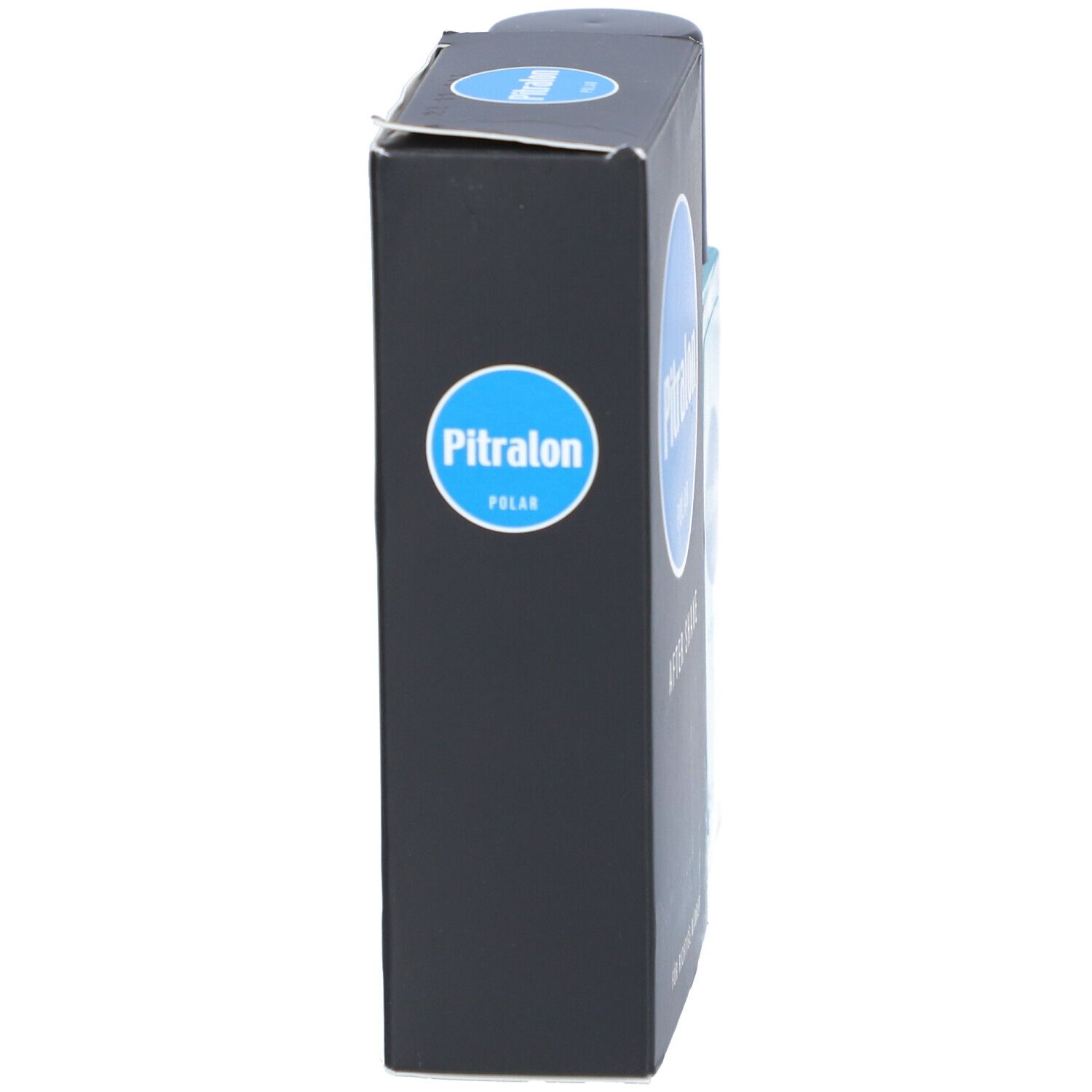Boîte noire avec logo bleu, vue latérale. Logo en haut, nom du produit et texte en dessous.