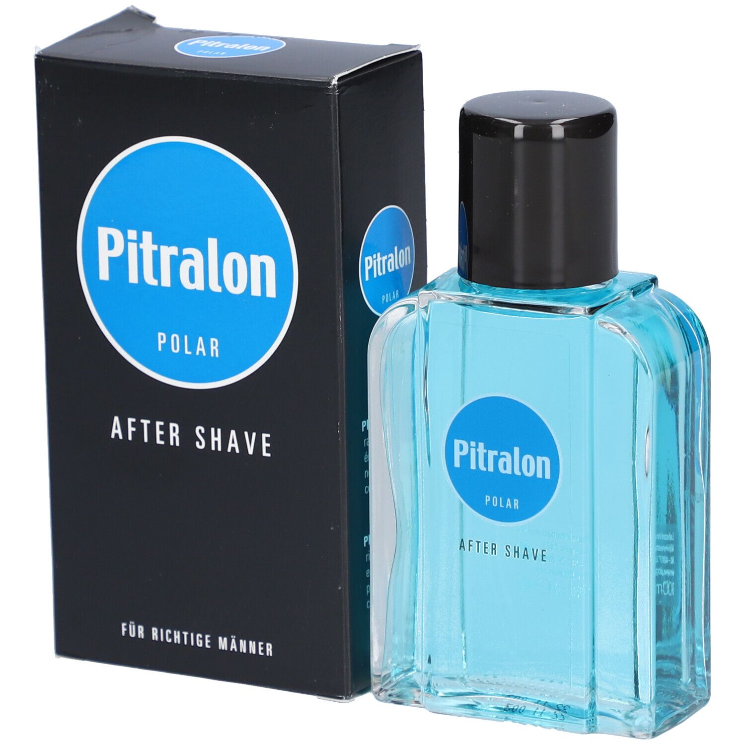 Flacon de liquide bleu et bouchon noir, à côté d'une boîte noire avec logo bleu.
