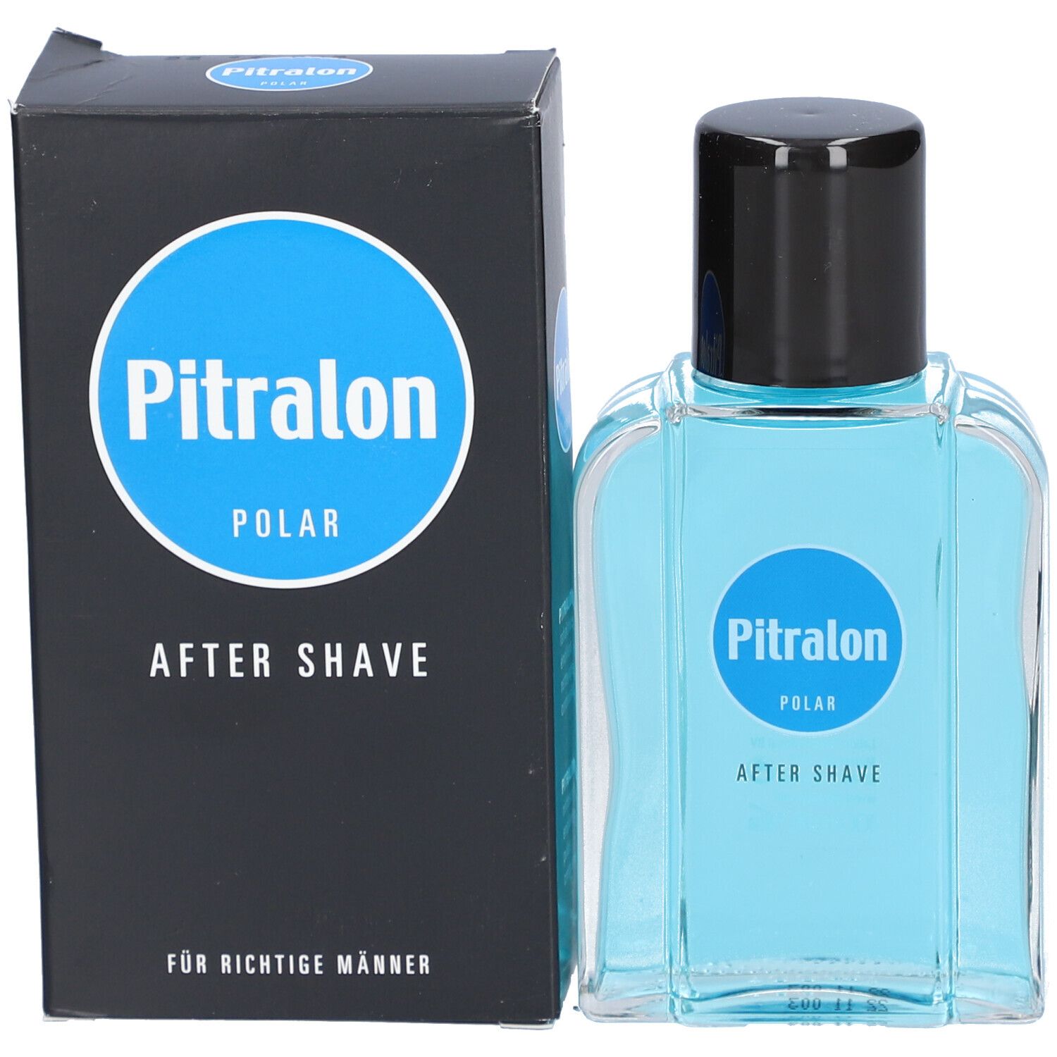 Flacon de liquide bleu et bouchon noir, à côté d'une boîte noire avec logo bleu.