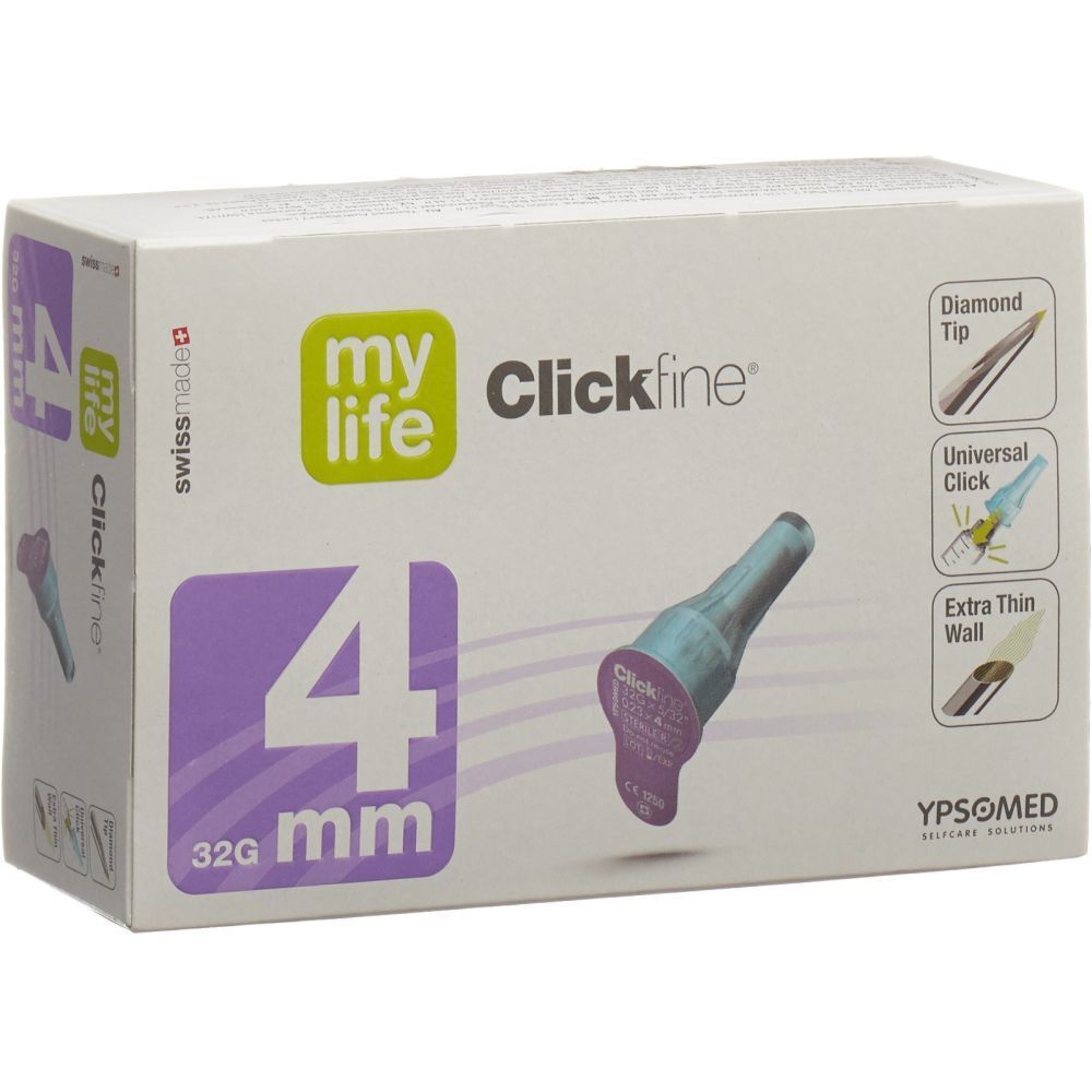 Boîte de MYLIFE Clickfine® Pen-Nadeln 4mm 32G. Inscriptions : my life, Clickfine, 4 mm, 32G. Illustration d'une aiguille.