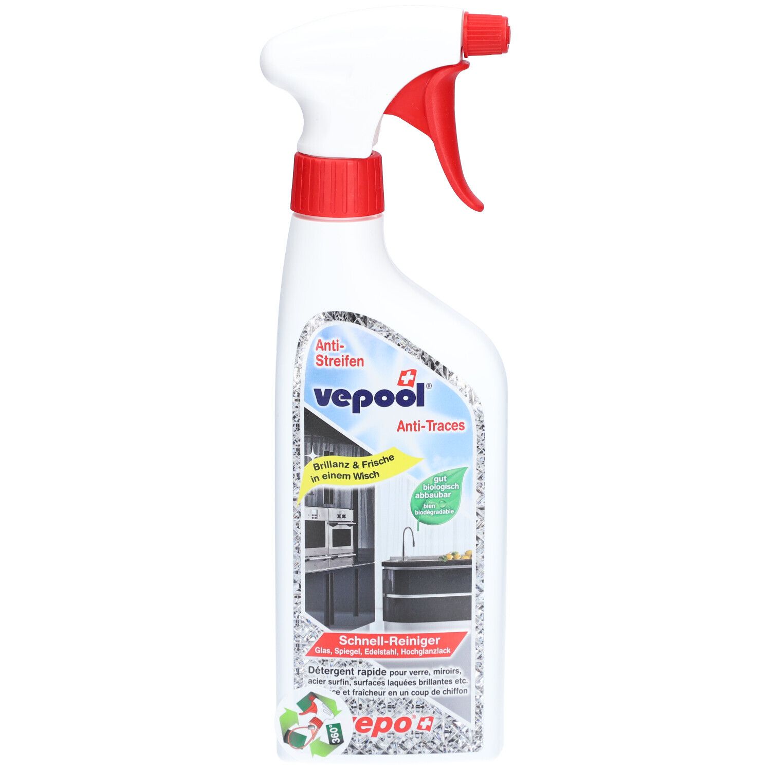 Flacon pulvérisateur blanc avec tête rouge. Étiquette avec nom du produit et image d'une cuisine. Texte : Anti-traces.