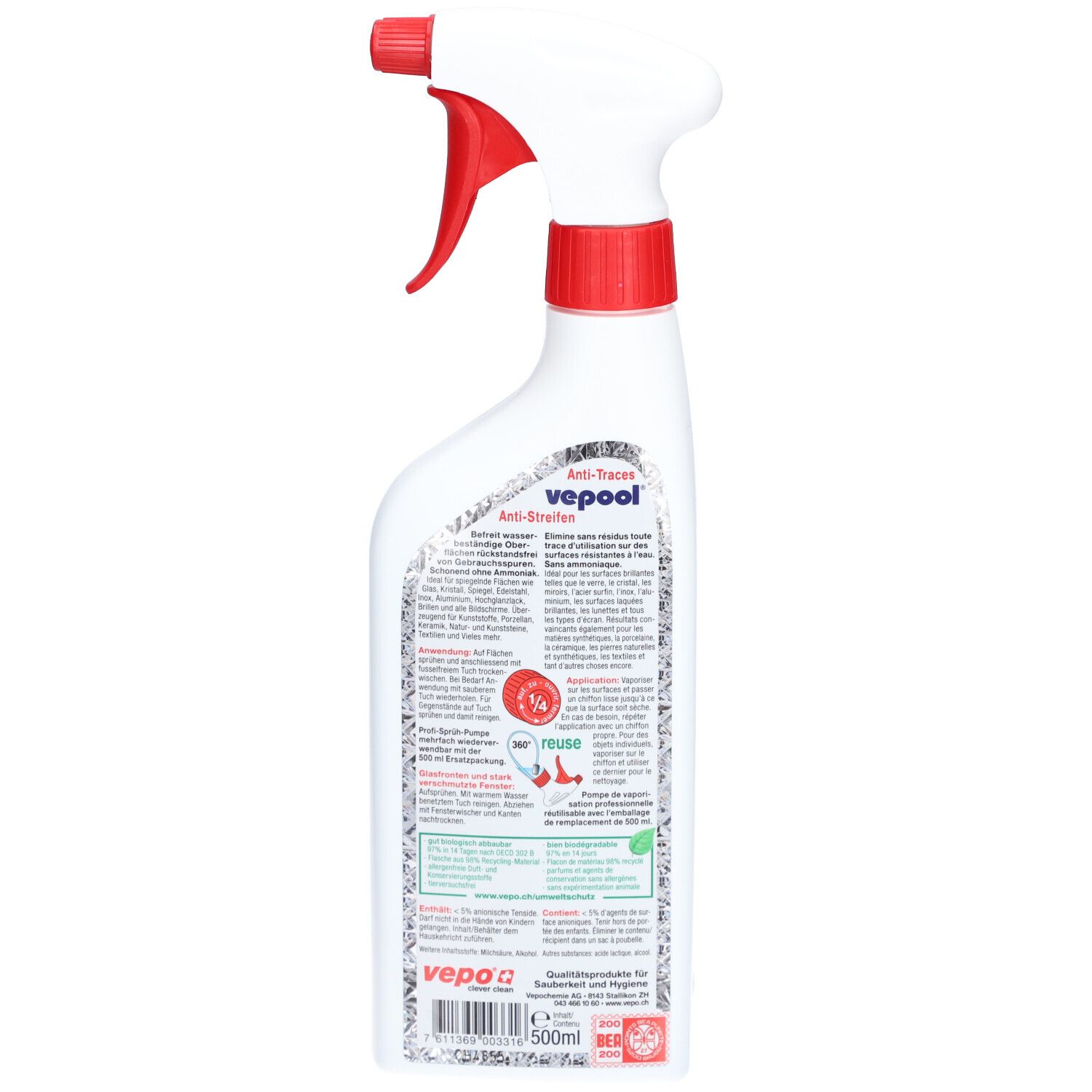Dos du flacon pulvérisateur blanc. Étiquette avec texte et pictogrammes. Nom du produit : vepool. Texte : Anti-traces.