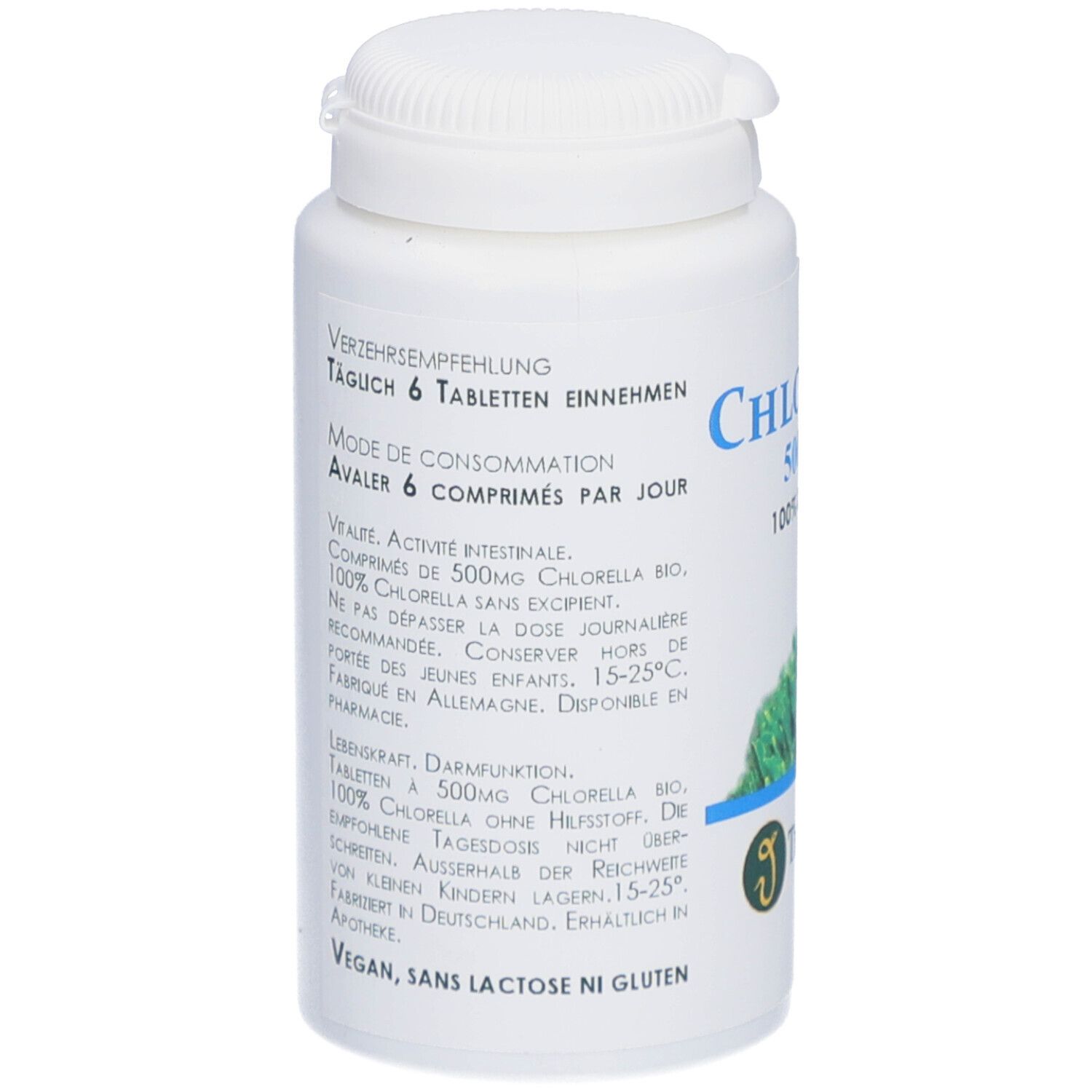 Flacon blanc avec texte. Inscription: Mode de consommation, avaler 6 comprimés par jour. Logo: Thiemard. Vegan, sans lactose, sans gluten.