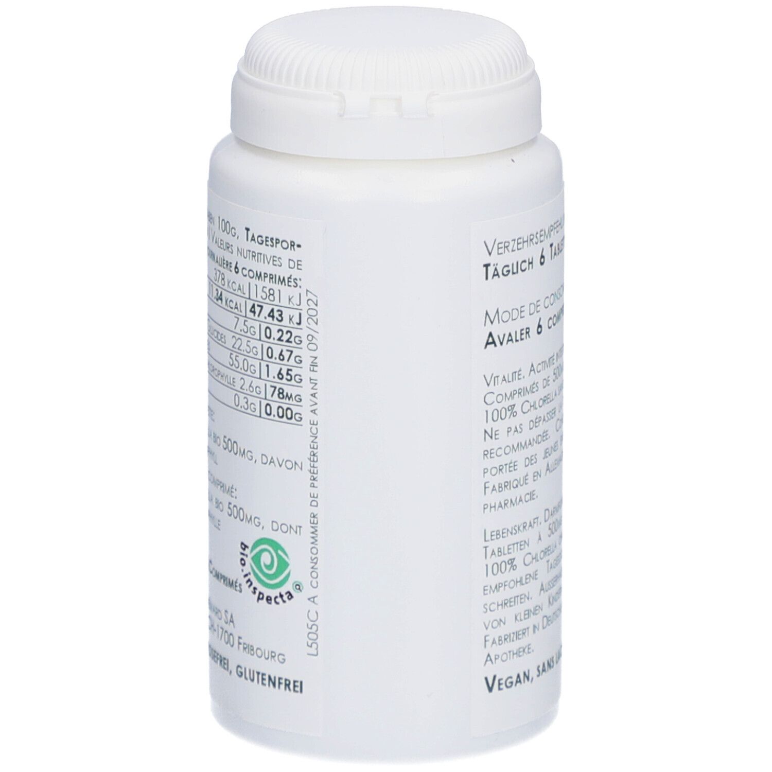 Flacon blanc avec texte et informations nutritionnelles. Logo: Bio Inspecta. Vegan, sans lactose, sans gluten.