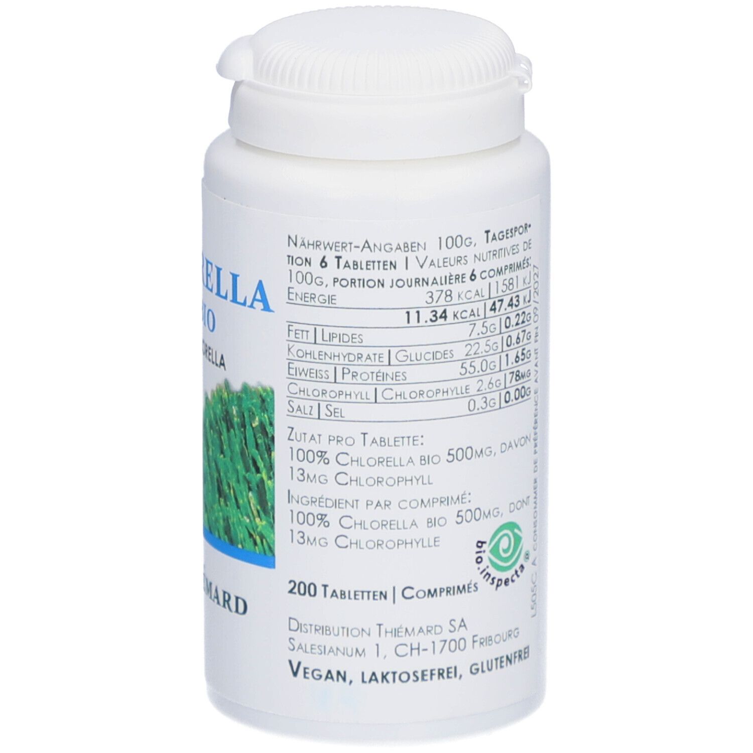 Flacon blanc avec texte et informations nutritionnelles. Logo: Bio Inspecta. 200 comprimés. Vegan, sans lactose, sans gluten.