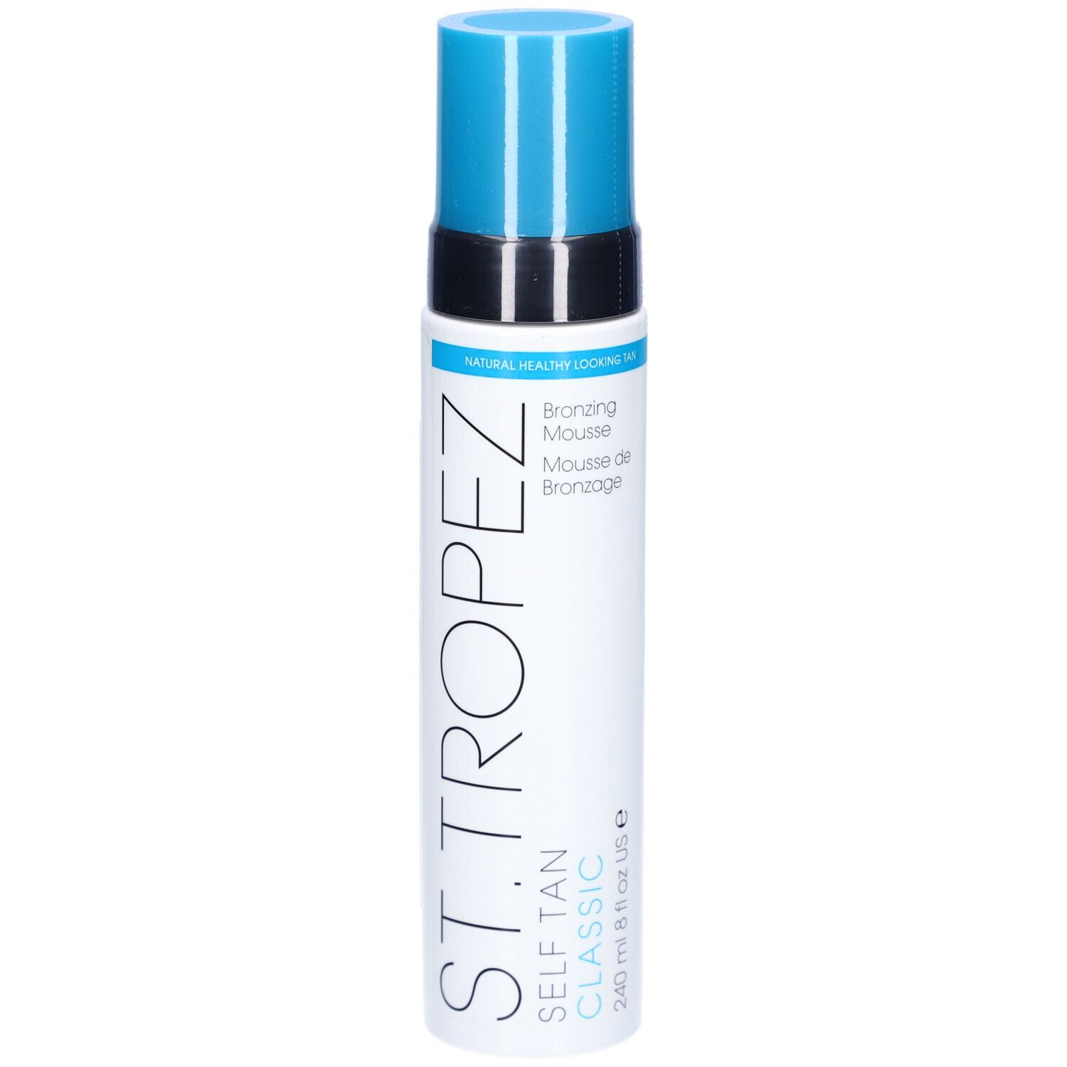 Flacon blanc et bleu. Inscription: ST TROPEZ, SELF TAN CLASSIC, Mousse Bronzante. Bouchon bleu. 240 ml.