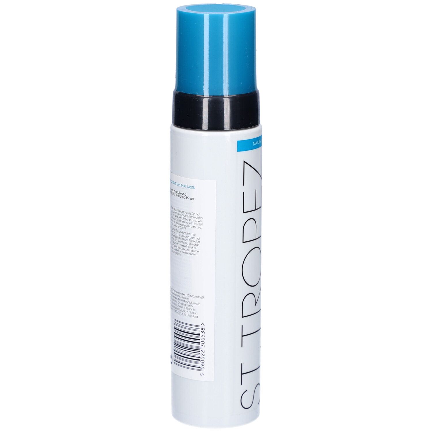 Flacon blanc avec bouchon bleu. Inscription: ST TROPEZ. Code-barres et texte au dos.