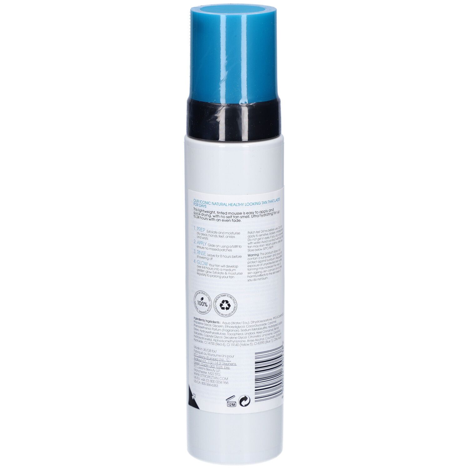Flacon blanc avec bouchon bleu. Texte et logos au dos. Symbole de recyclage.