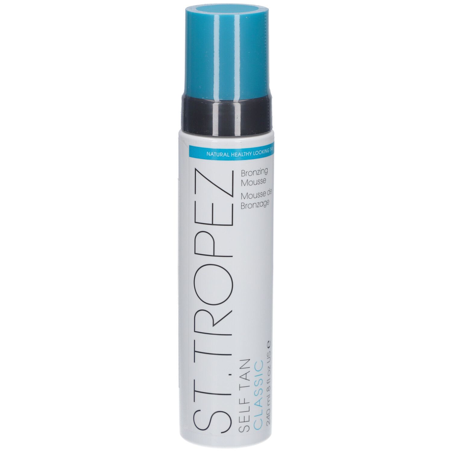 Flacon blanc et bleu. Inscription: ST TROPEZ, SELF TAN CLASSIC, Mousse Bronzante. Bouchon bleu. 240 ml.