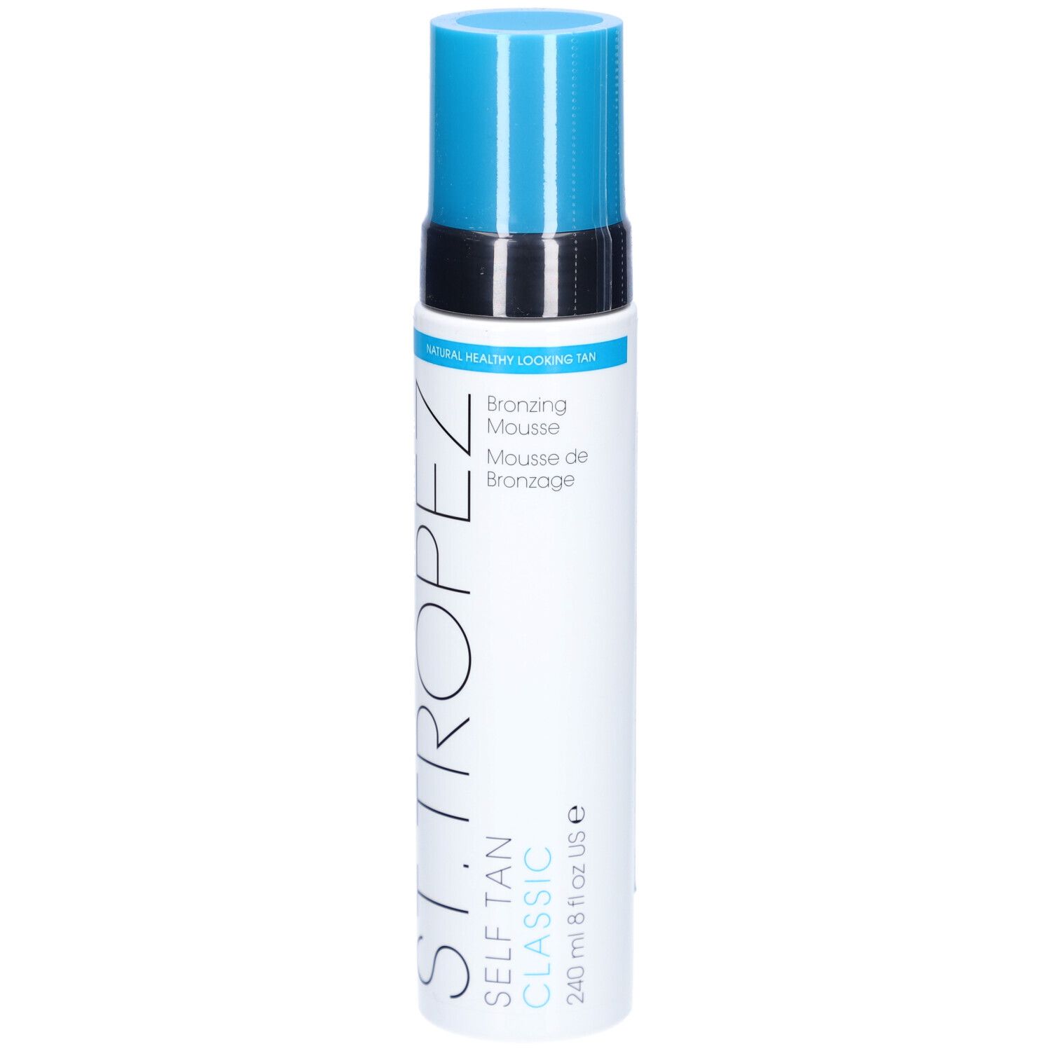 Flacon blanc et bleu. Inscription: ST TROPEZ, SELF TAN CLASSIC, Mousse Bronzante. Bouchon bleu. 240 ml.