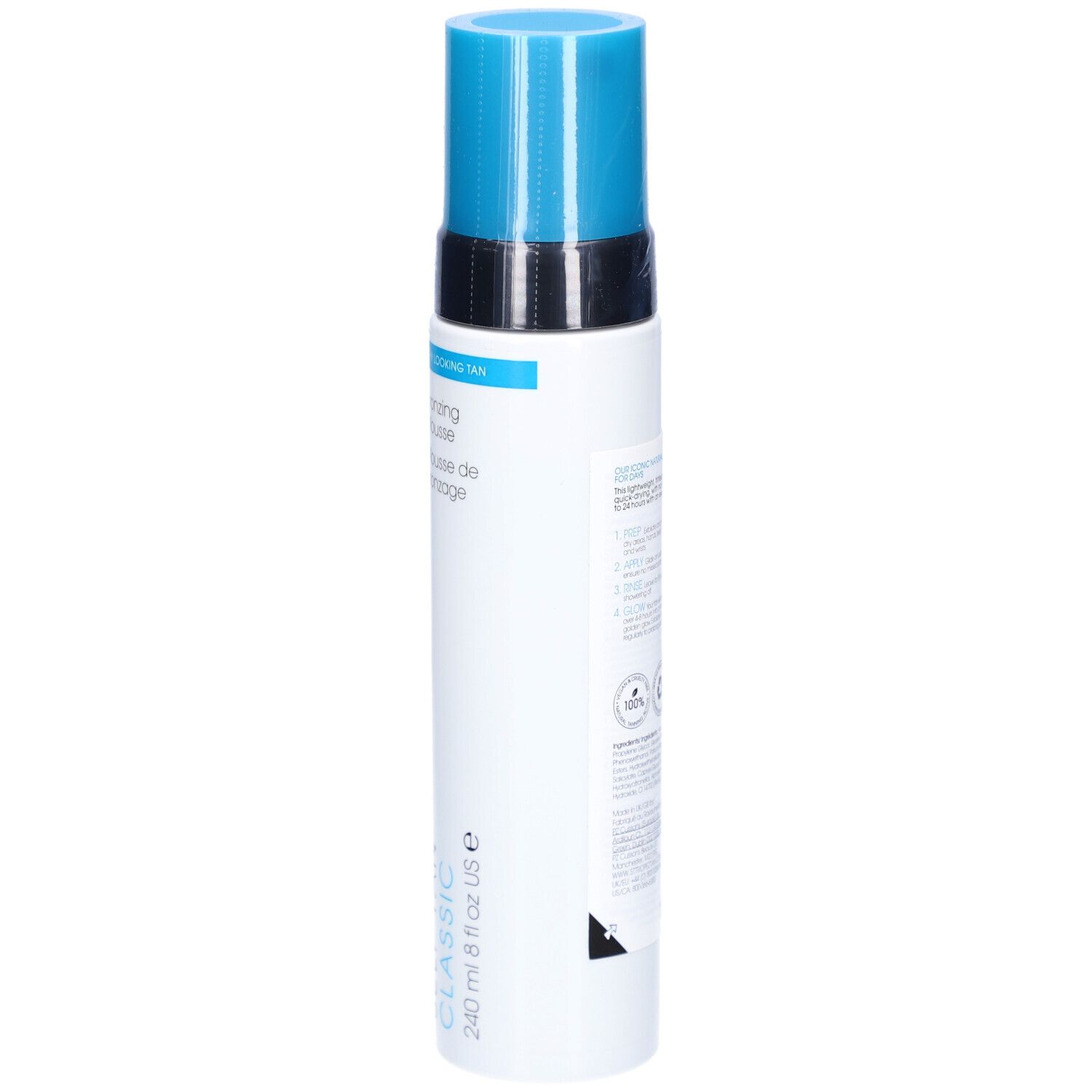 Flacon blanc avec bouchon bleu. Inscription: ST TROPEZ, CLASSIC, Mousse Bronzante. 240 ml.