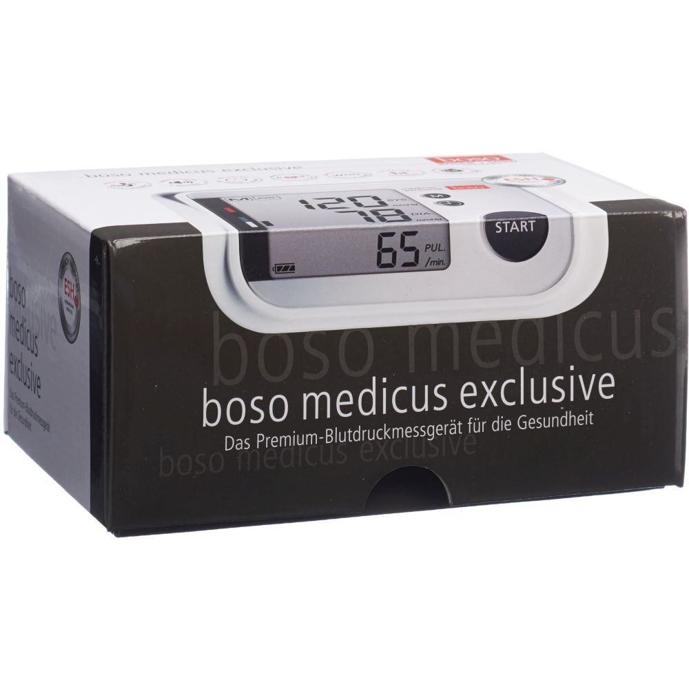 Boîte boso medicus exclusive. Affiche un écran avec des mesures. Boîte noire et blanche avec le nom du produit.