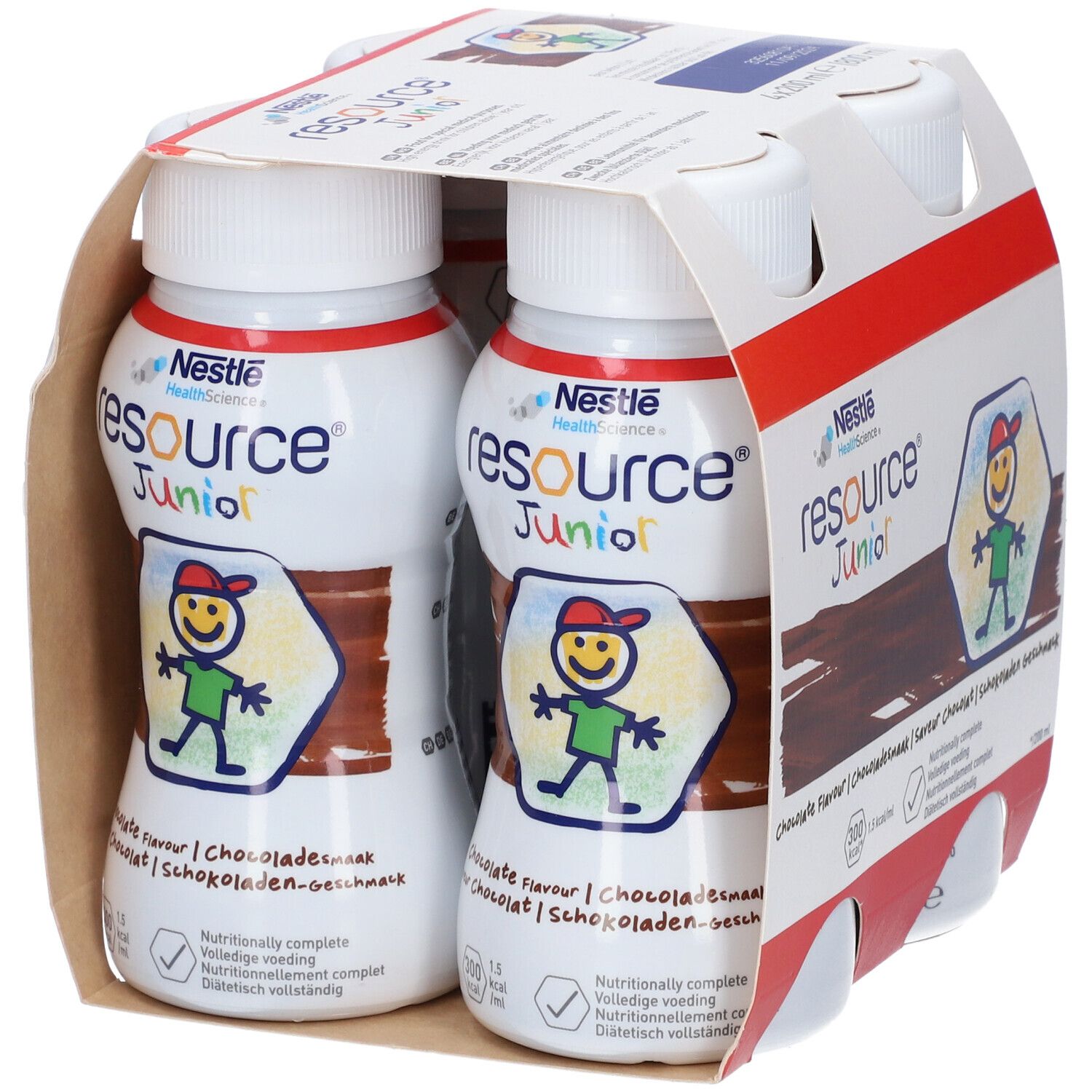Emballage de quatre bouteilles. Inscription: resource Junior, goût chocolat. Contient un dessin animé d'enfant.