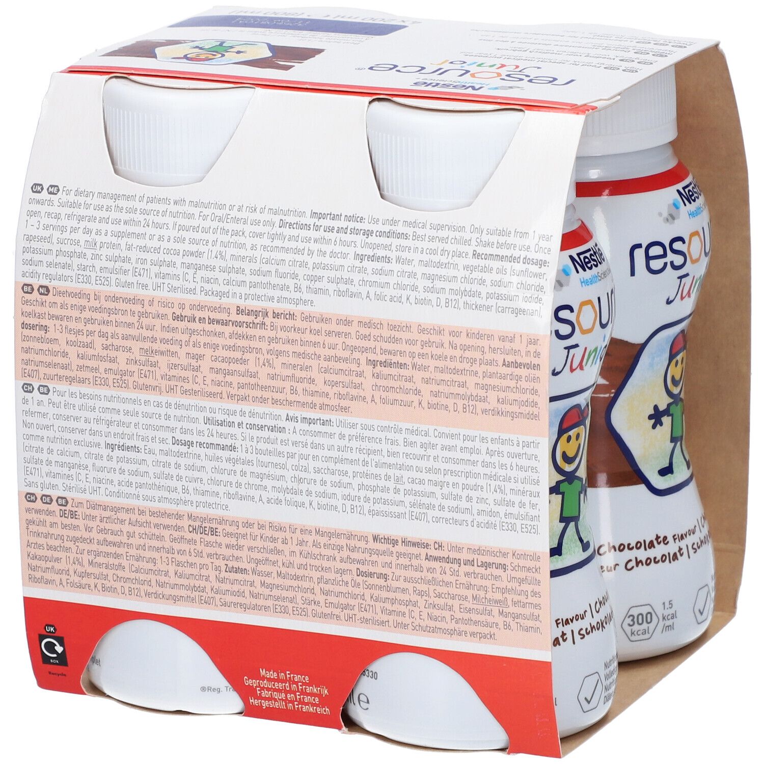Emballage de quatre bouteilles. Inscription: resource Junior, goût chocolat. Contient un dessin animé d'enfant.