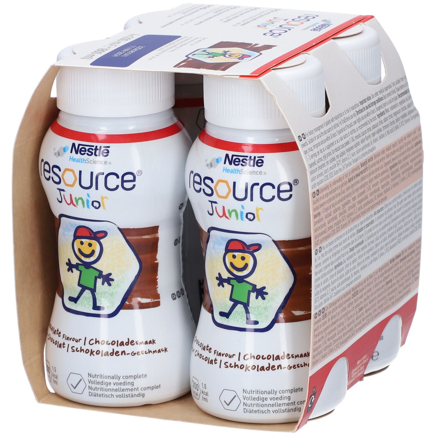 Emballage de quatre bouteilles. Inscription: resource Junior, goût chocolat. Contient un dessin animé d'enfant.