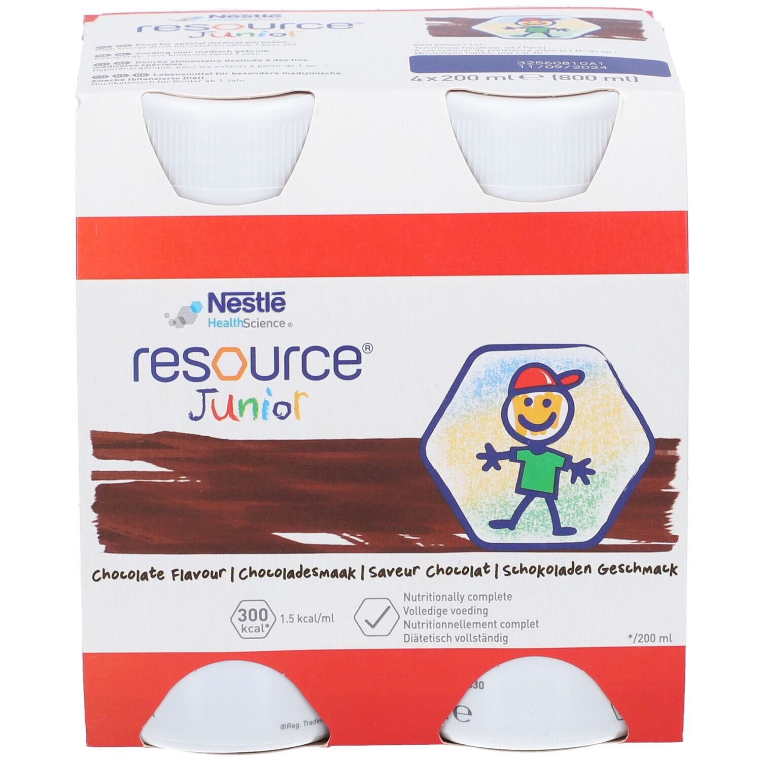 Emballage de quatre bouteilles. Inscription: resource Junior, goût chocolat. Contient un dessin animé d'enfant.