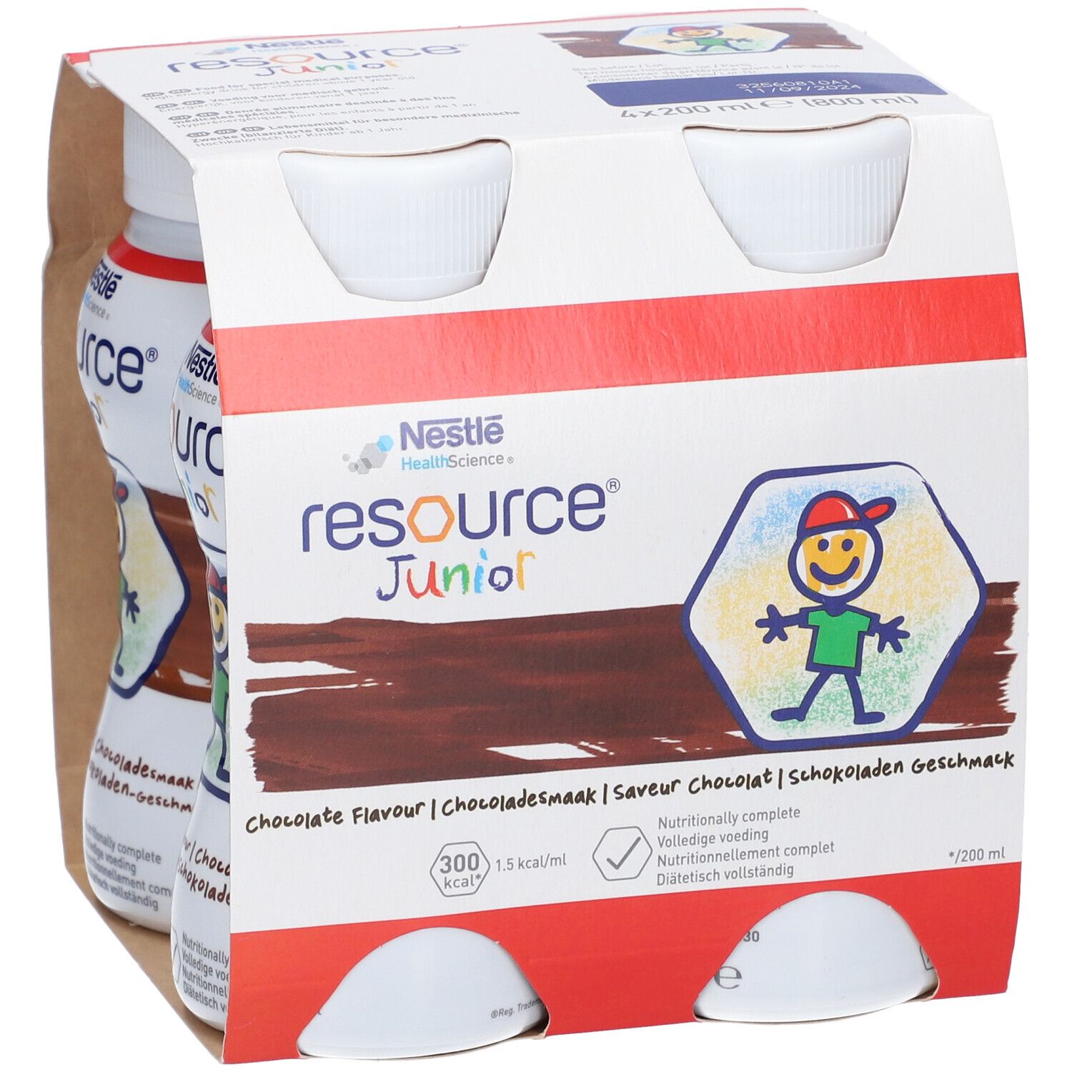 Emballage de quatre bouteilles. Inscription: resource Junior, goût chocolat. Contient un dessin animé d'enfant.