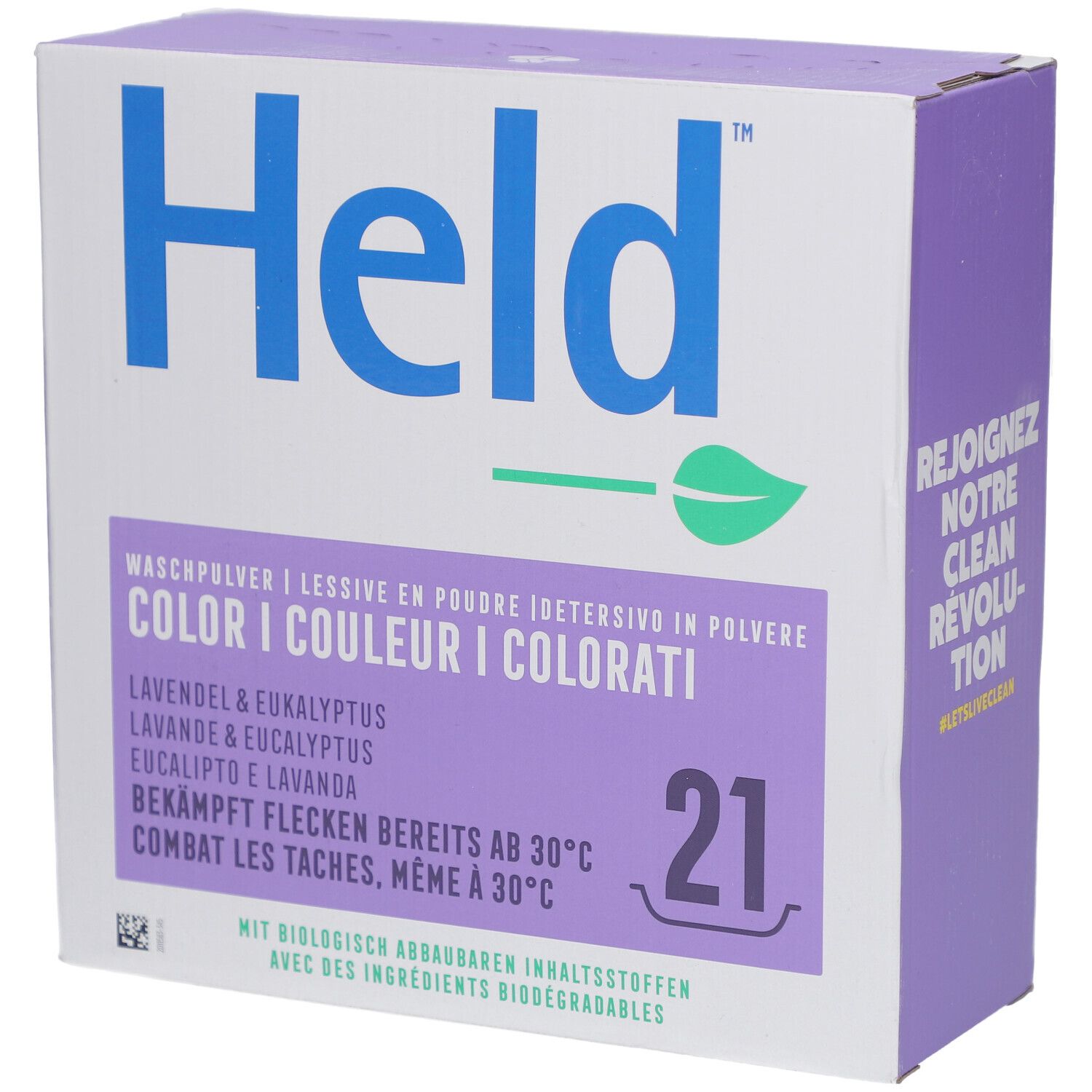 Boîte de lessive Held Couleur Lavande & Eucalyptus. Informations produit. 21 doses. Violet et blanc.