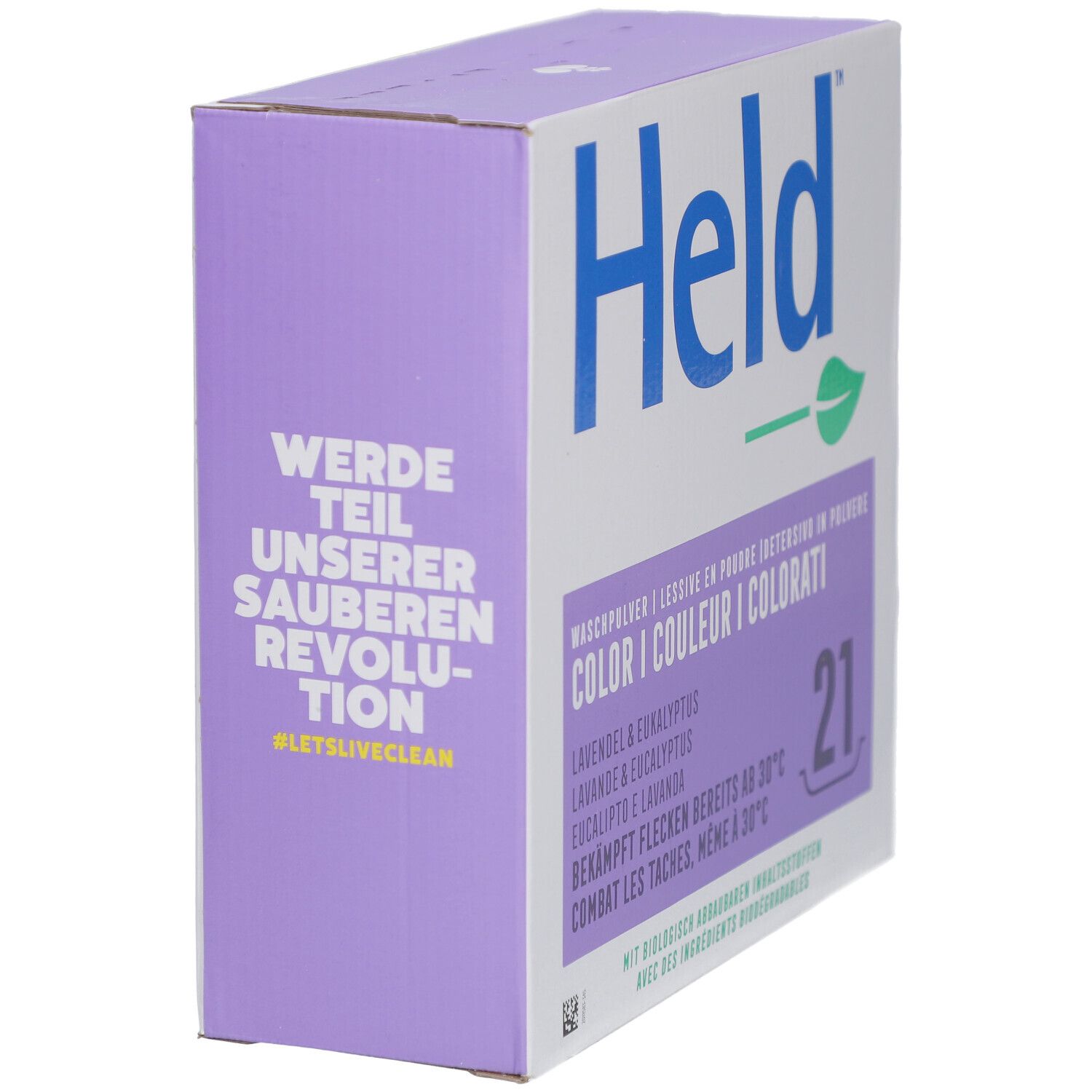 Boîte de lessive Held, vue latérale. Texte: Rejoignez notre révolution propre. Violet et blanc.
