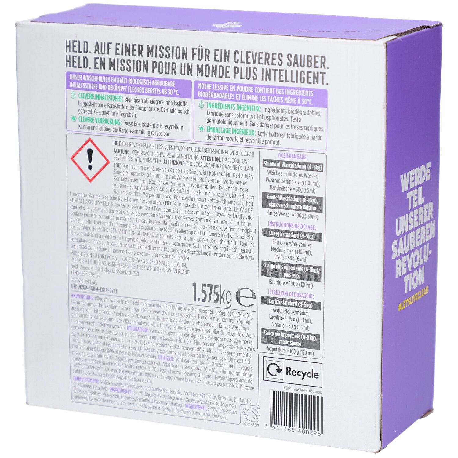 Dos de l'emballage de lessive Held. Informations produit, ingrédients, avertissements, dosage. 1,575 kg.