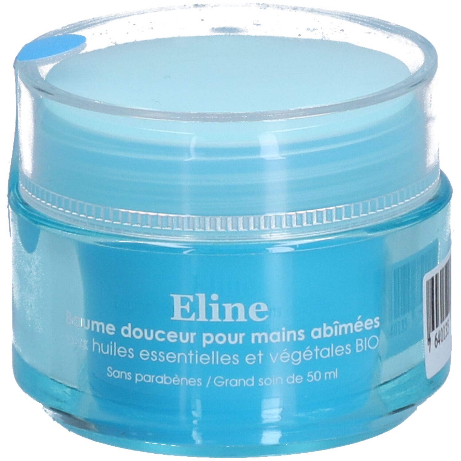 Pot bleu clair avec couvercle transparent. Inscription: Eline, baume pour mains abîmées. Sans parabènes.