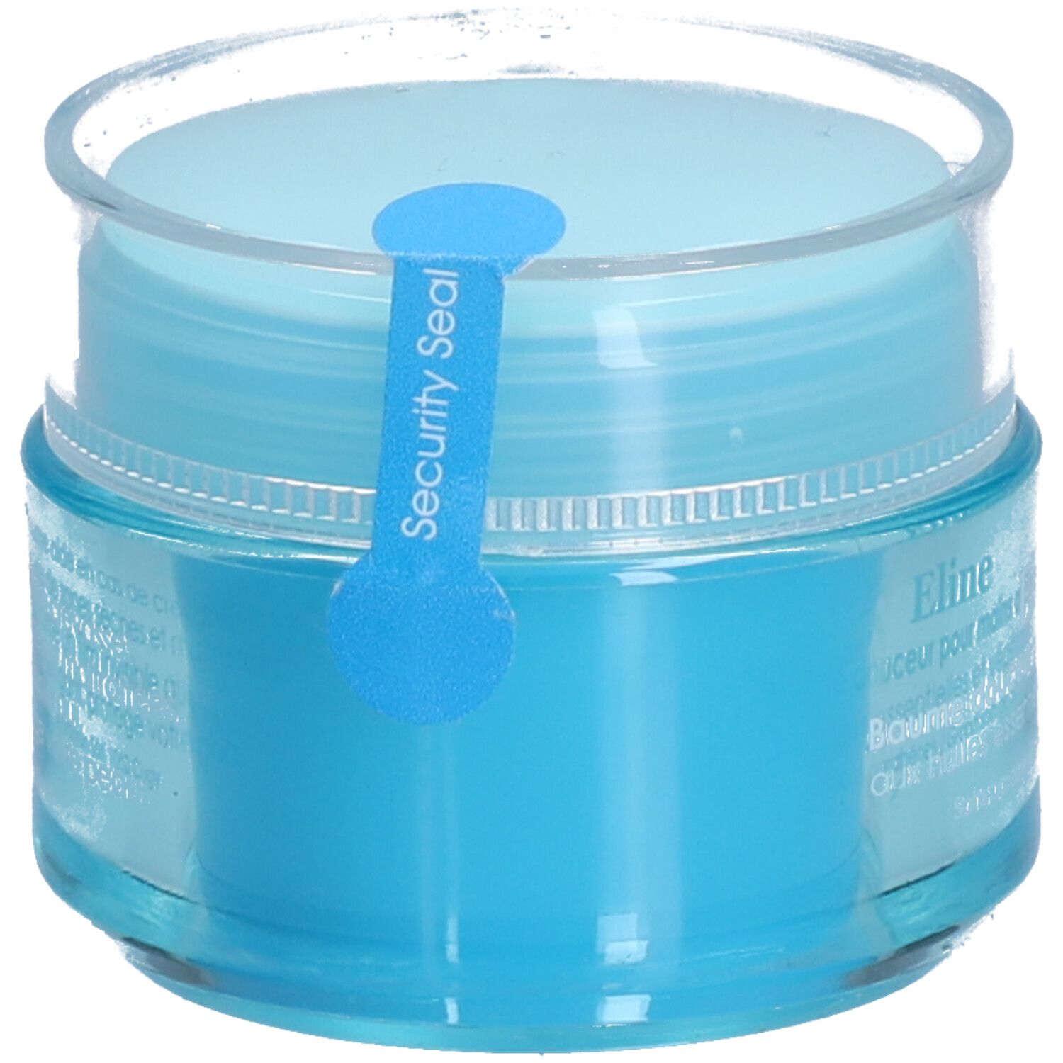 Pot bleu clair avec couvercle transparent. Autocollant bleu avec l'inscription: Security Seal.