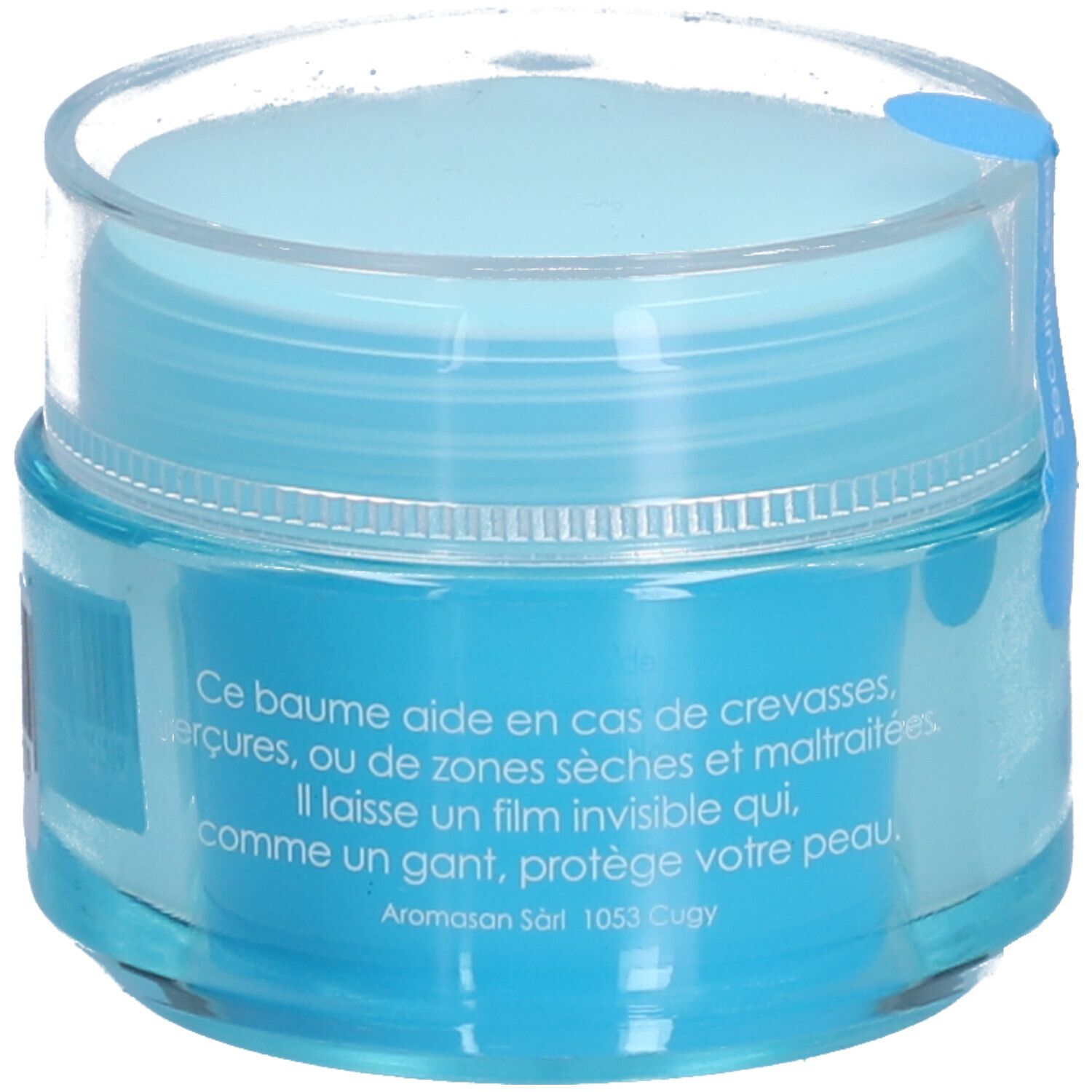 Pot bleu clair avec couvercle transparent. Texte: Ce baume aide en cas de crevasses, gerçures, ou de zones sèches.
