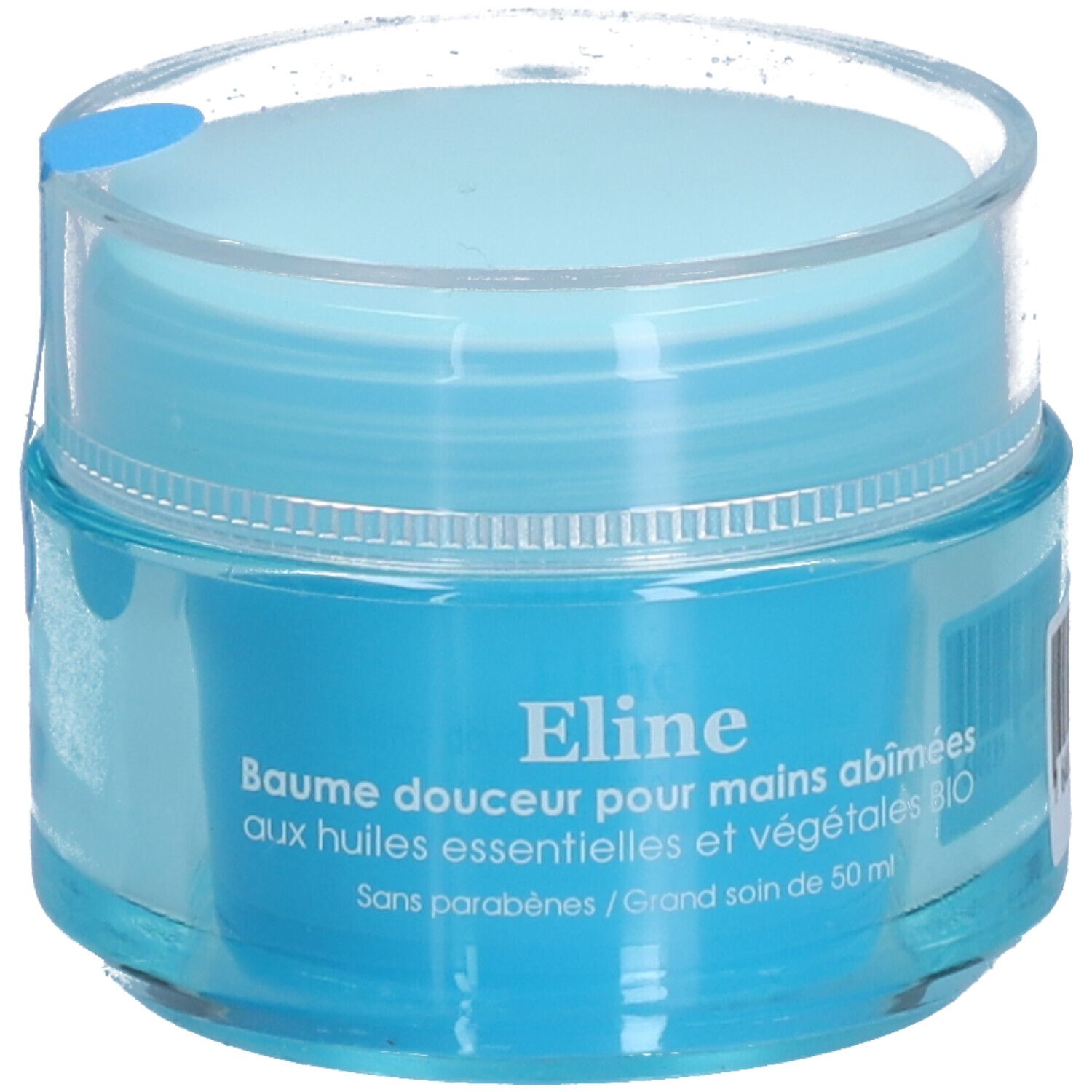 Pot bleu clair avec couvercle transparent. Inscription: Eline, baume pour mains abîmées. Sans parabènes.