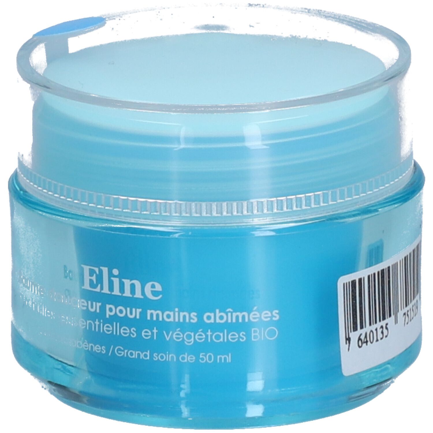 Pot bleu clair avec couvercle transparent. Inscription: Eline, baume pour mains abîmées. Avec code-barres.
