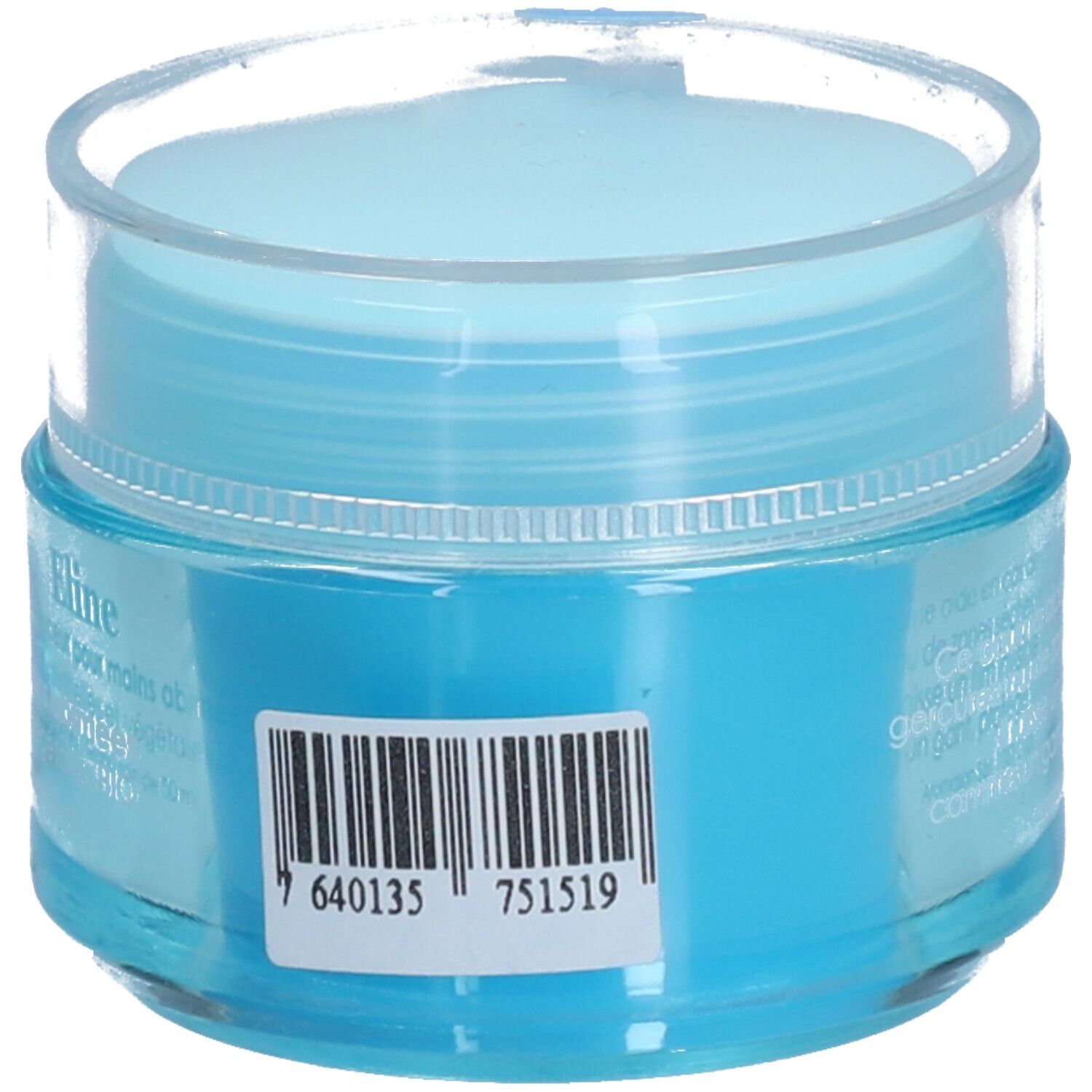 Pot bleu clair avec couvercle transparent. Code-barres et autres informations au dos.
