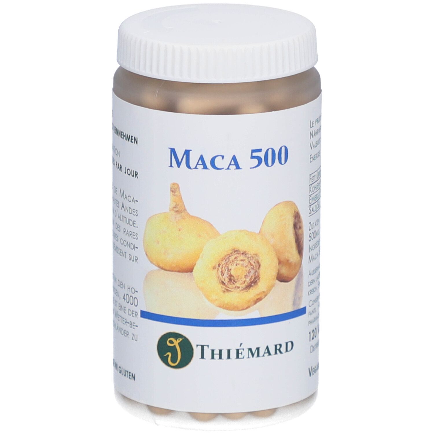 Flacon blanc avec couvercle. Étiquette avec nom du produit: Maca 500. Illustration de tubercules de maca. Marque: THIÉMARD. 120 Vcaps.