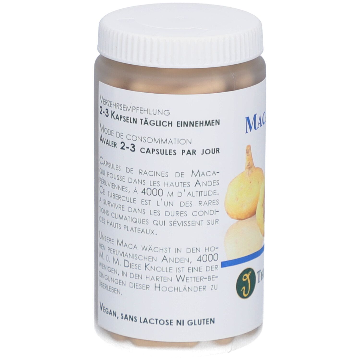 Flacon blanc avec couvercle. Étiquette avec texte: Recommandation de consommation, 2-3 gélules par jour. Texte sur les racines de maca. Vegan, sans lactose.