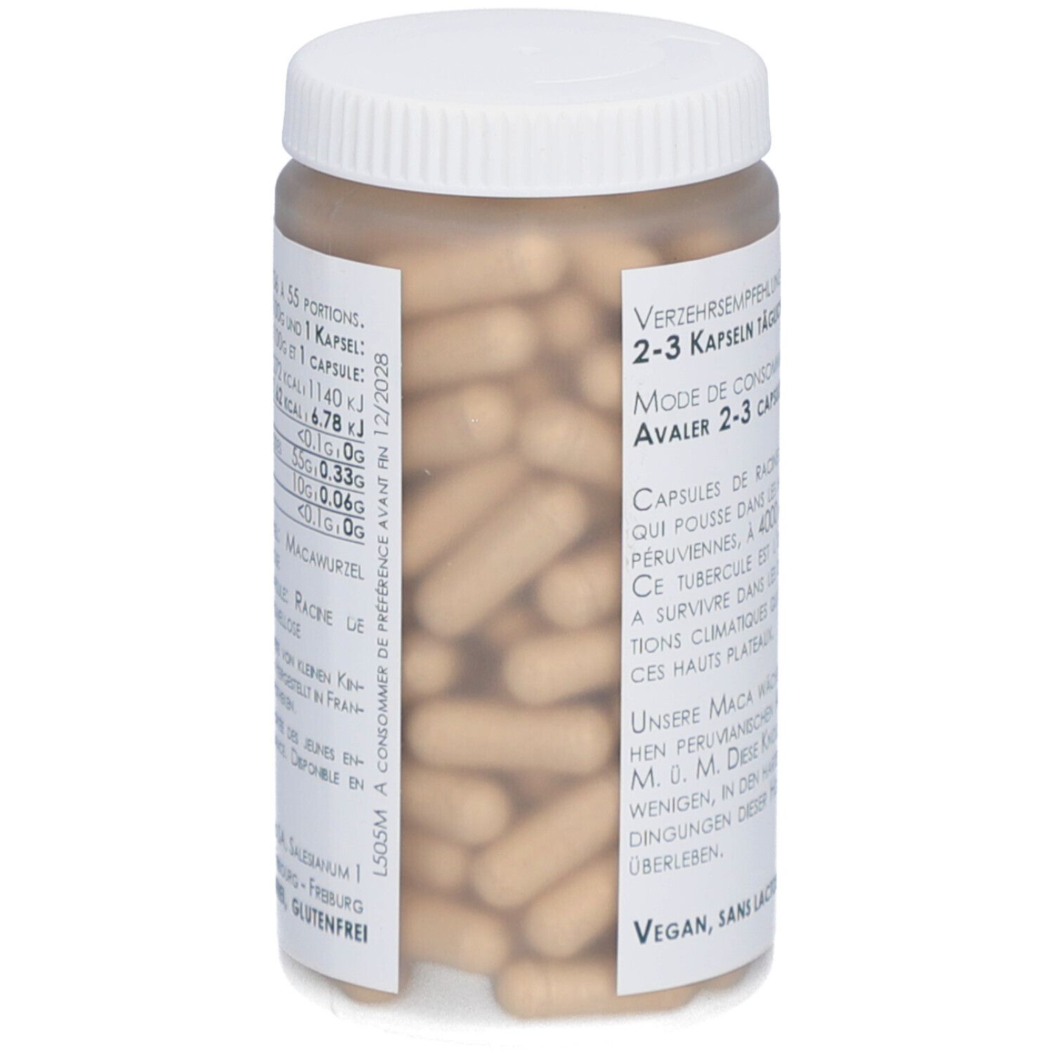 Flacon transparent avec couvercle. Gélules visibles. Texte sur l'étiquette: Recommandation de consommation, 2-3 gélules par jour. Vegan, sans lactose.