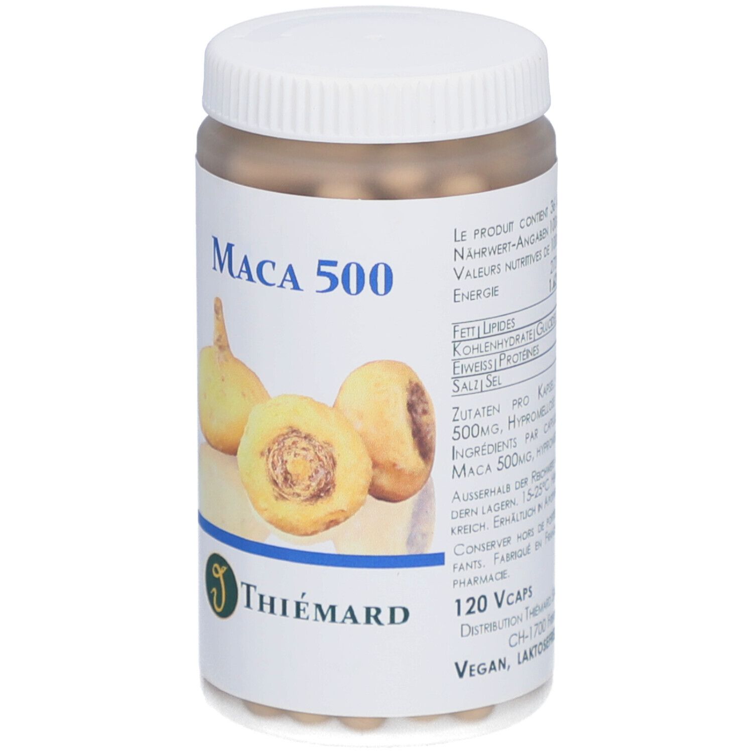 Flacon blanc avec couvercle. Étiquette avec nom du produit: Maca 500. Informations nutritionnelles. Marque: THIÉMARD. 120 Vcaps. Vegan, sans lactose.