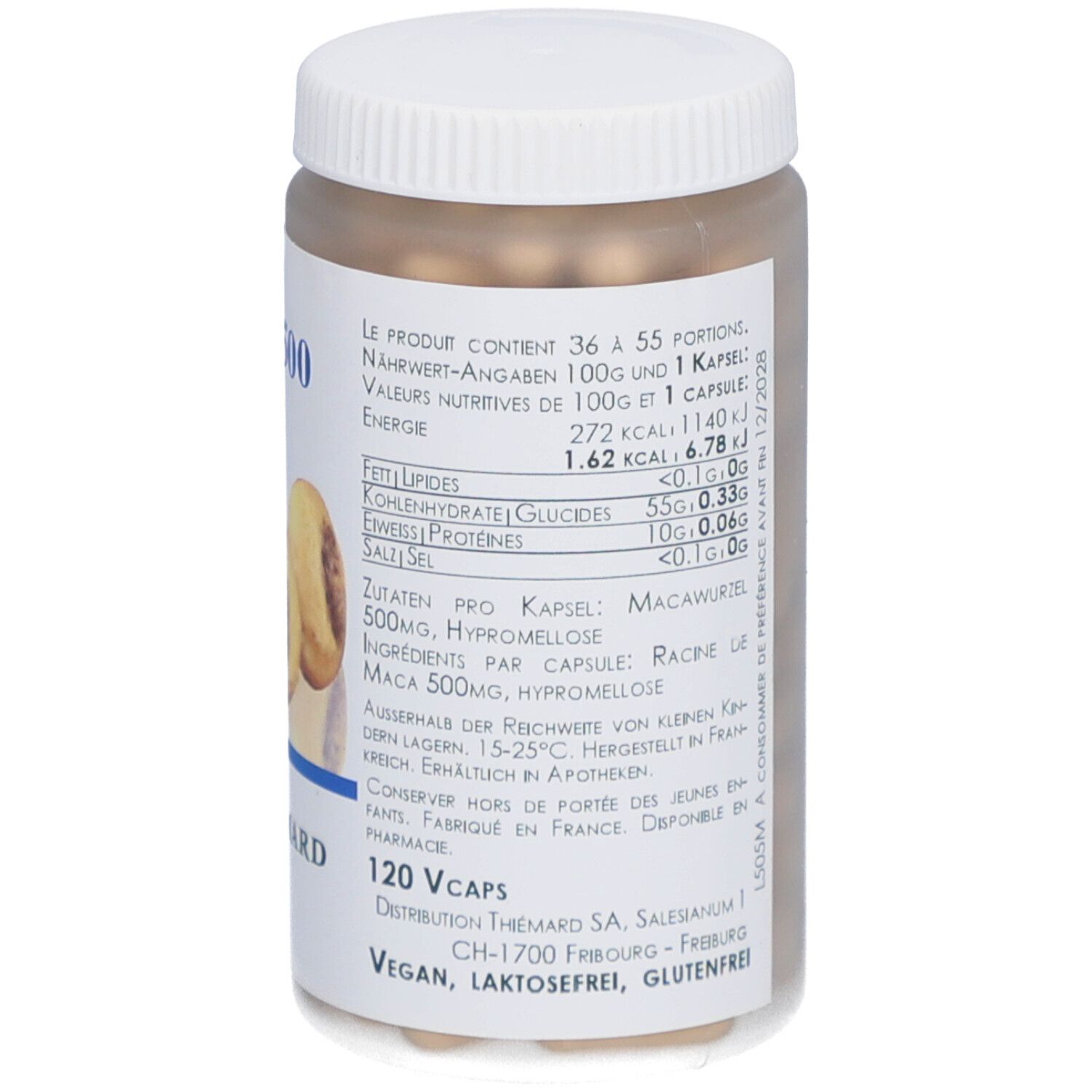 Flacon blanc avec couvercle. Étiquette avec nom du produit: Maca 500. Informations nutritionnelles. Marque: THIÉMARD. 120 Vcaps. Vegan, sans lactose.
