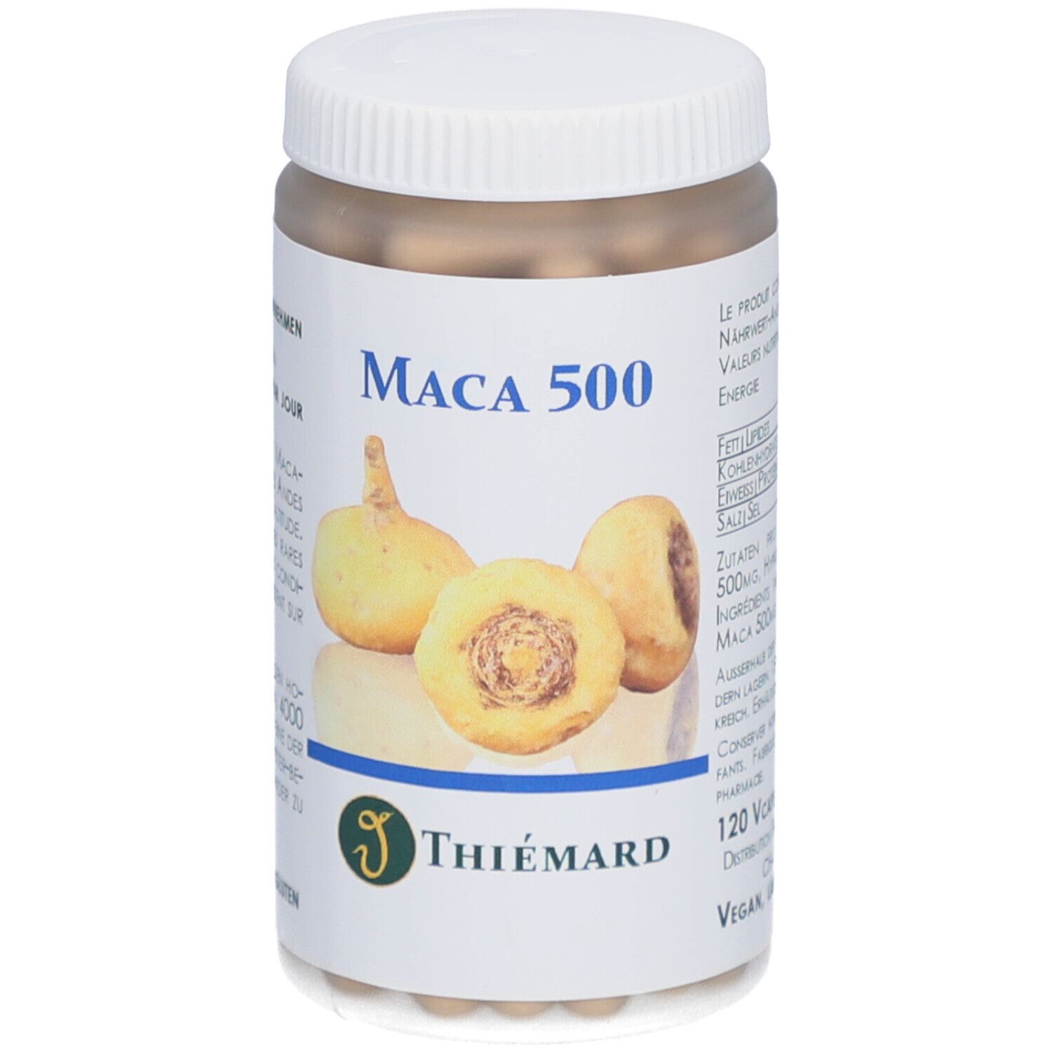 Flacon blanc avec couvercle. Étiquette avec nom du produit: Maca 500. Illustration de tubercules de maca. Marque: THIÉMARD.