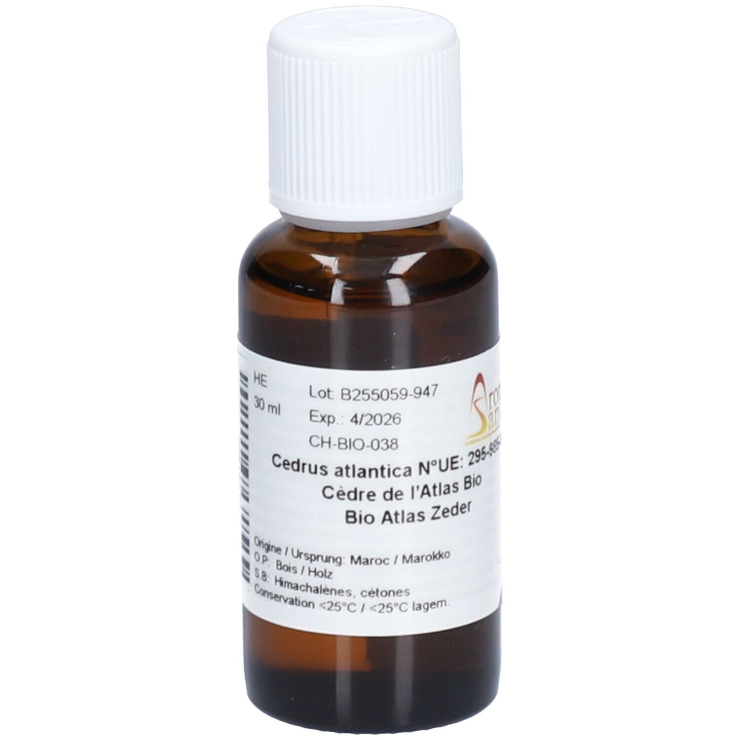 Flacon en verre brun avec bouchon blanc. Étiquette avec informations sur le produit et logo. Huile essentielle Aromasan Cèdre de l'Atlas bio.