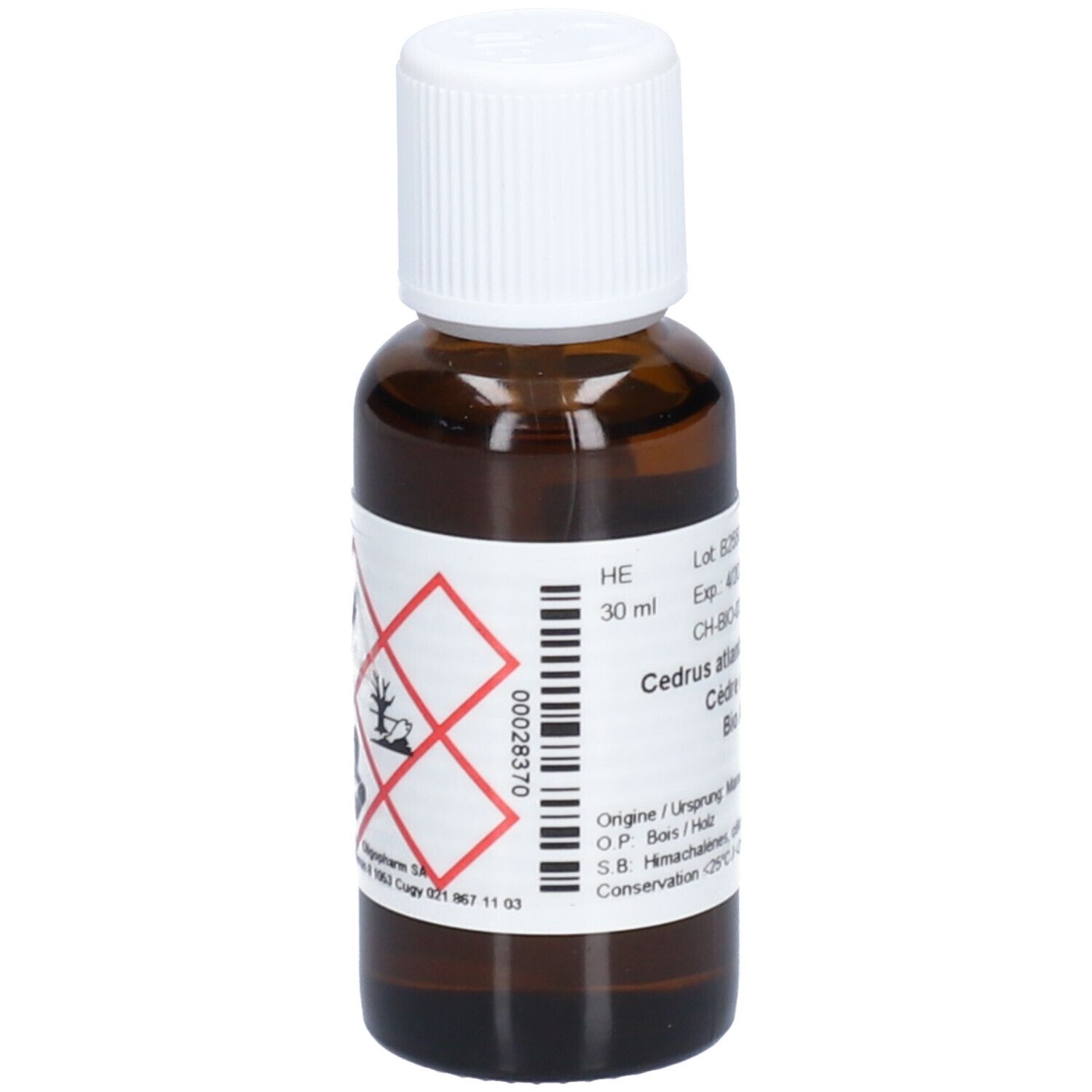 Flacon en verre brun avec bouchon blanc. Étiquette avec symboles de danger et informations sur le produit. 30 ml.