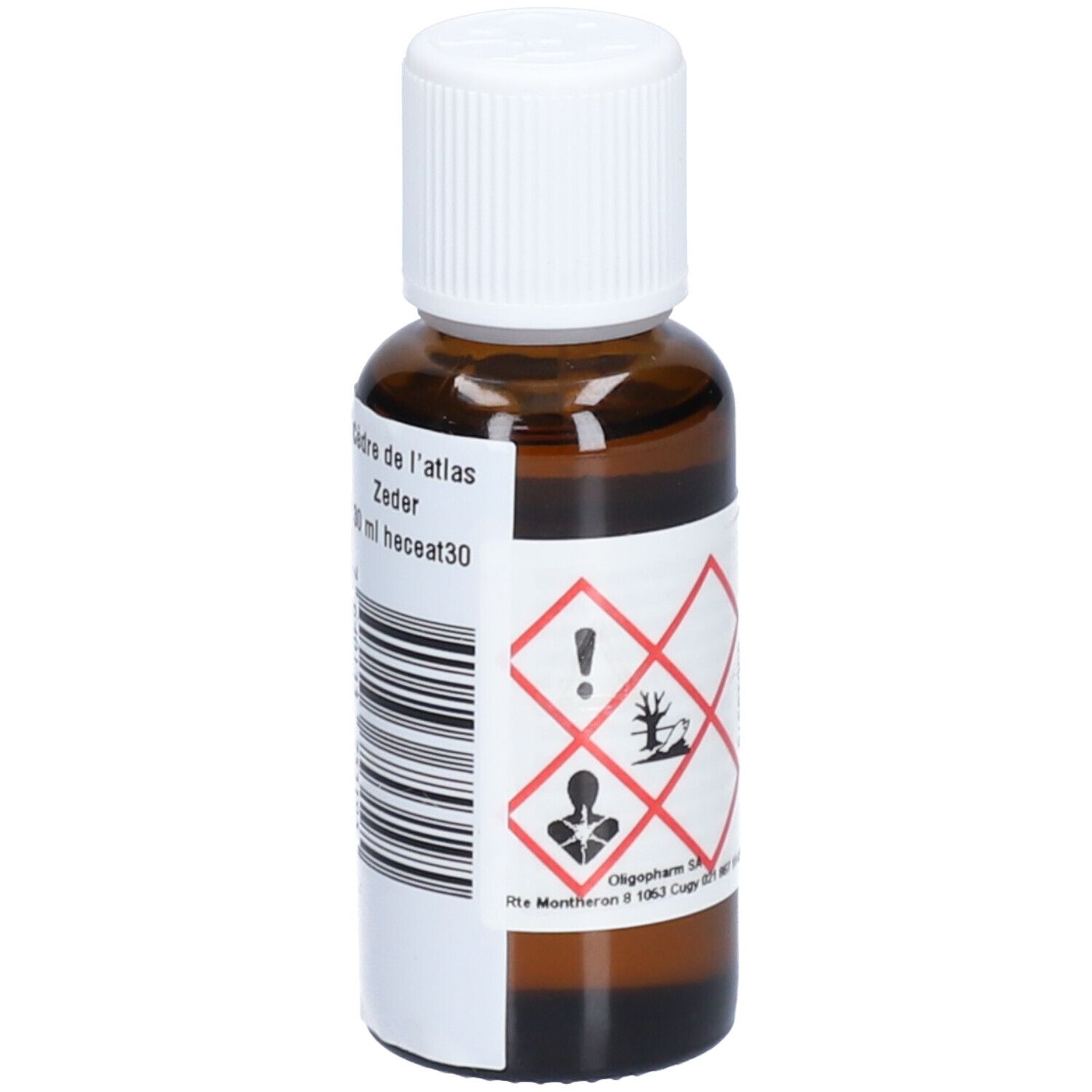 Flacon en verre brun avec bouchon blanc. Étiquette avec symboles de danger et informations sur le produit. 30 ml.