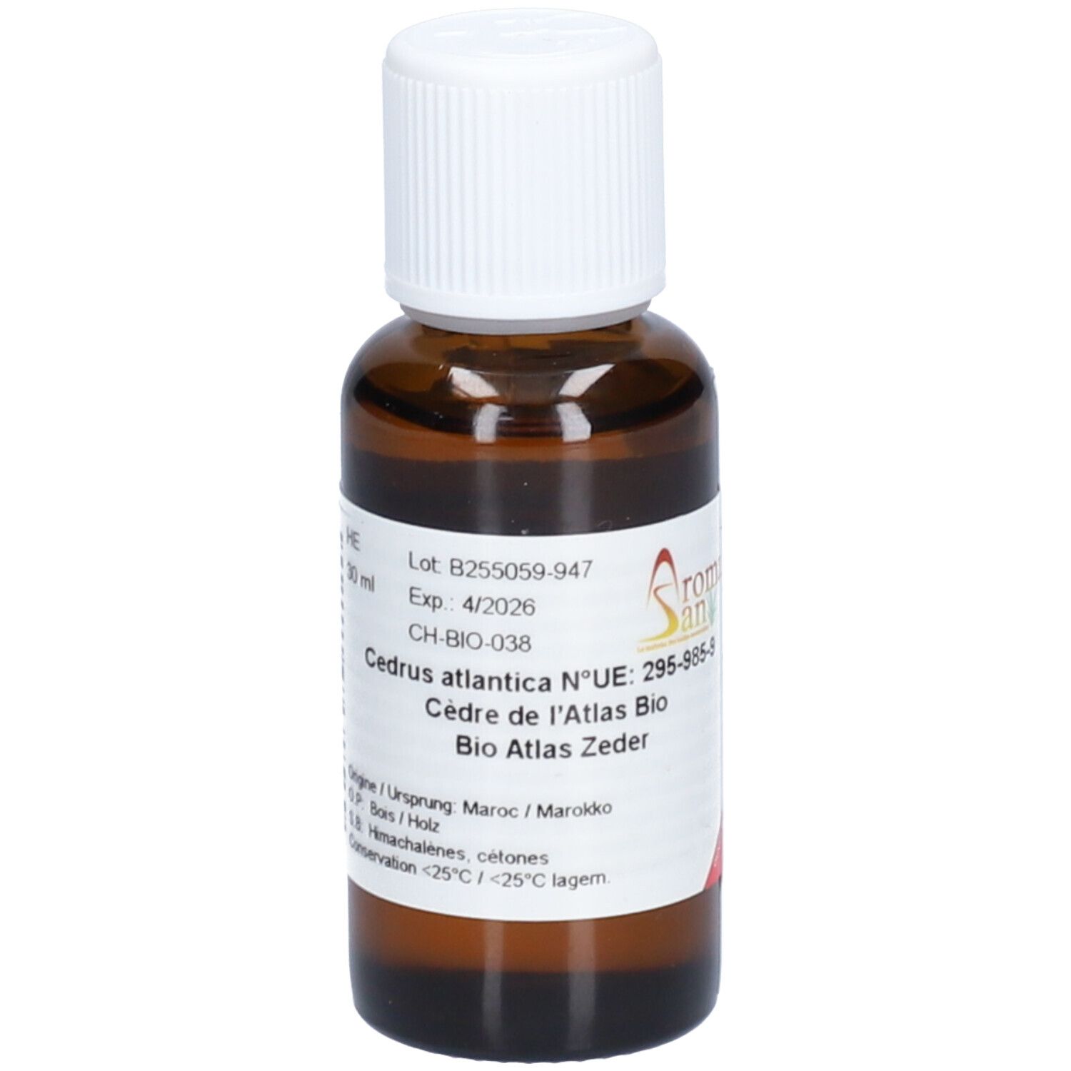 Flacon en verre brun avec bouchon blanc. Étiquette avec informations sur le produit et logo. Huile essentielle Aromasan Cèdre de l'Atlas bio.