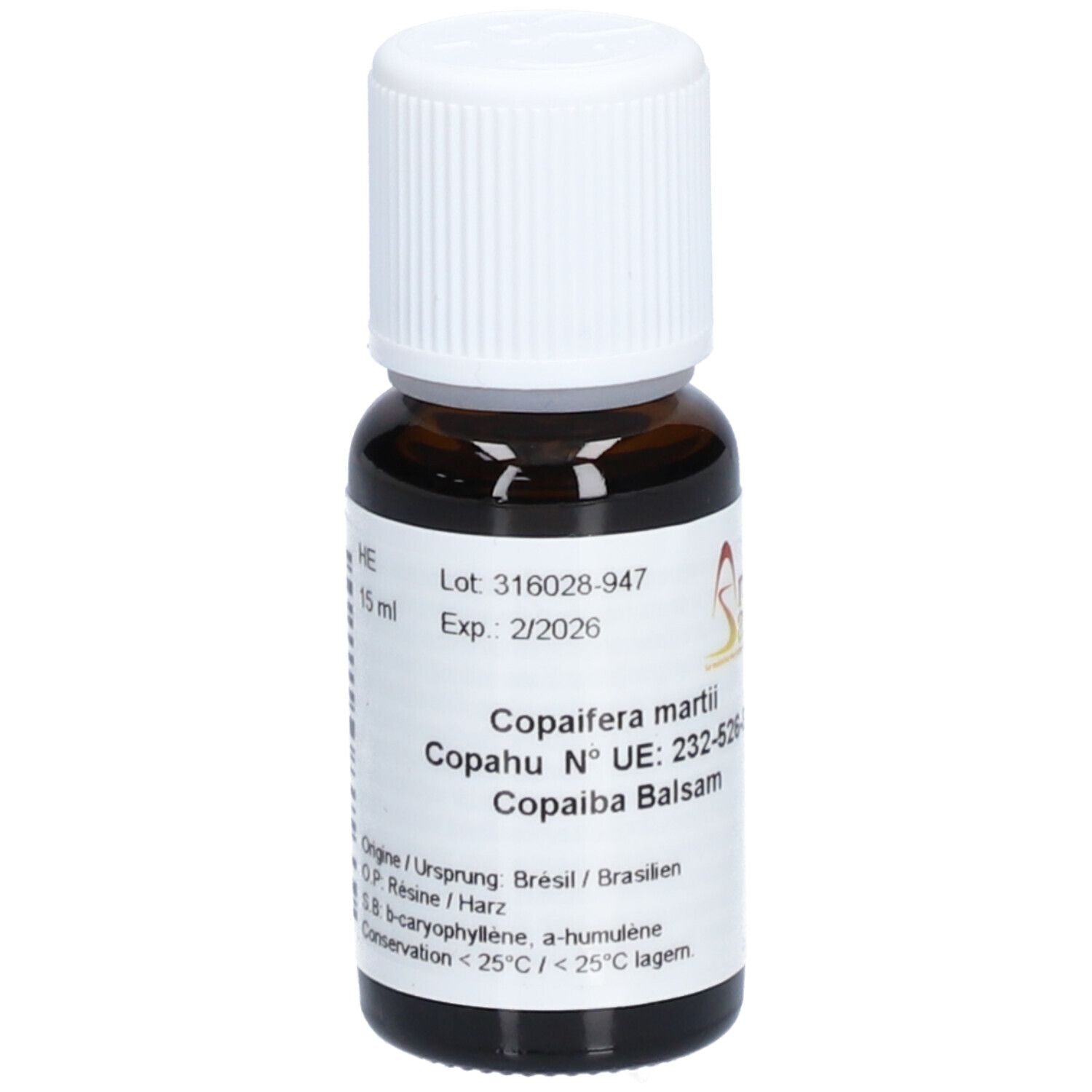 Flacon en verre brun avec bouchon blanc. Étiquette avec informations produit : Copaiba Balsam, numéro de lot, date d'expiration. Logo Aromasan.